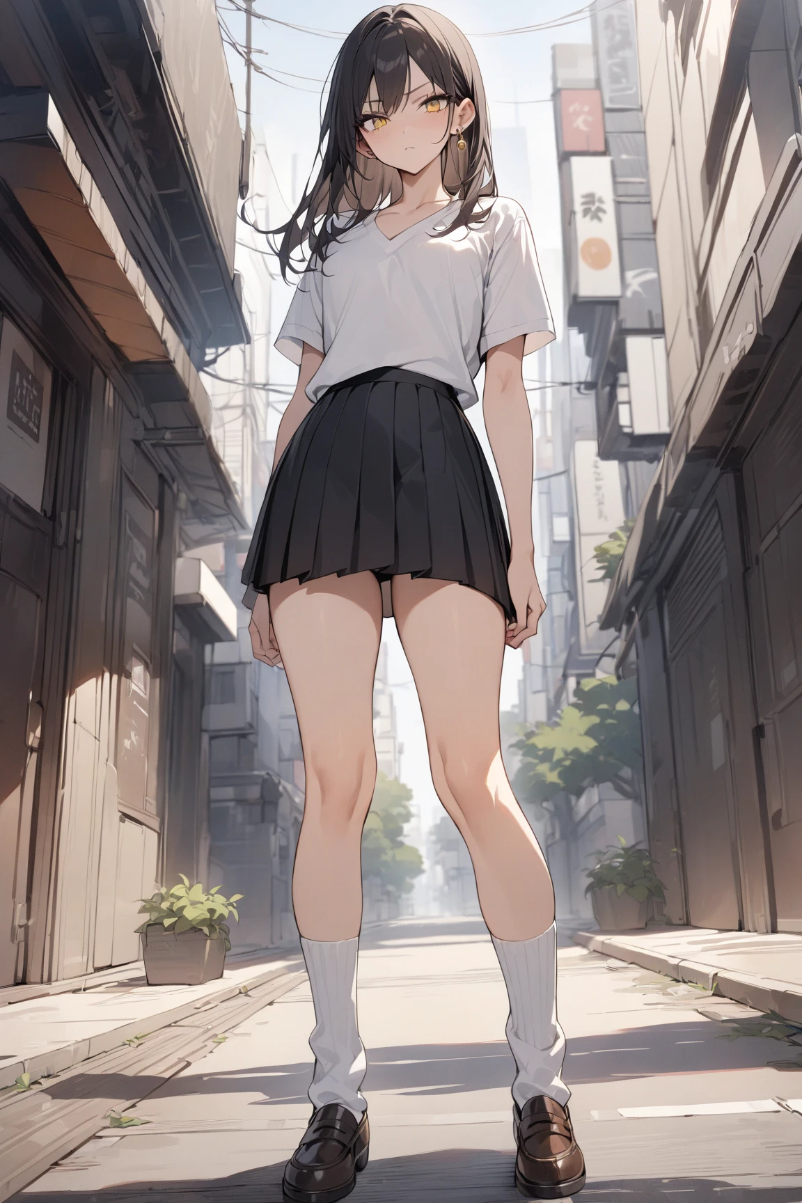 {Highest quality}, {Super beautiful},{Ultra fine},{Best illustration},Brown Hair,Hime cut,semi-long,Bangs,girl,Uniform cap,White Shirt,Short sleeve,Long black skirt,Night Park,Blushing,Slender women, A woman wearing plain black pumps,Bare feet and pumps,Stand with your legs together,From an angle,From above