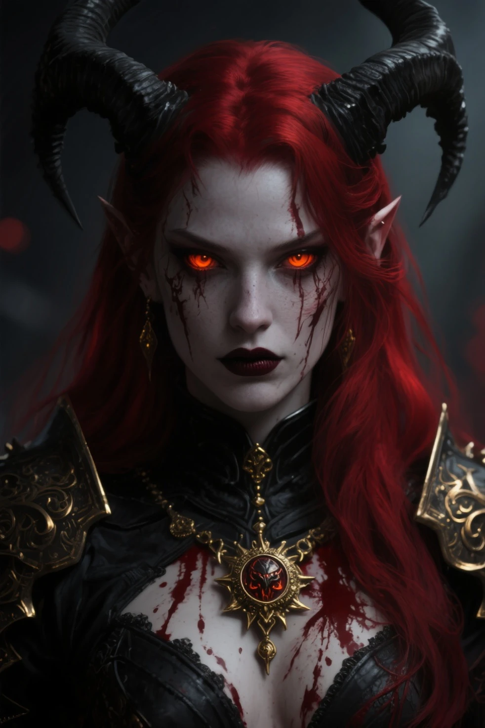 barbarian, light from above,(red eyes:1.9), fantasy, (pixarstyle:1.1), tan, Over the Body Angle, (illustrated by Helene Knoop:0.4), hypermaximalised, detailed face,
beautiful,good anatomy, detailed and intricate,
mysterious background,
skin pores, subsurface scattering,
masterpiece, best quality, realistic, sharp focus, absurdres