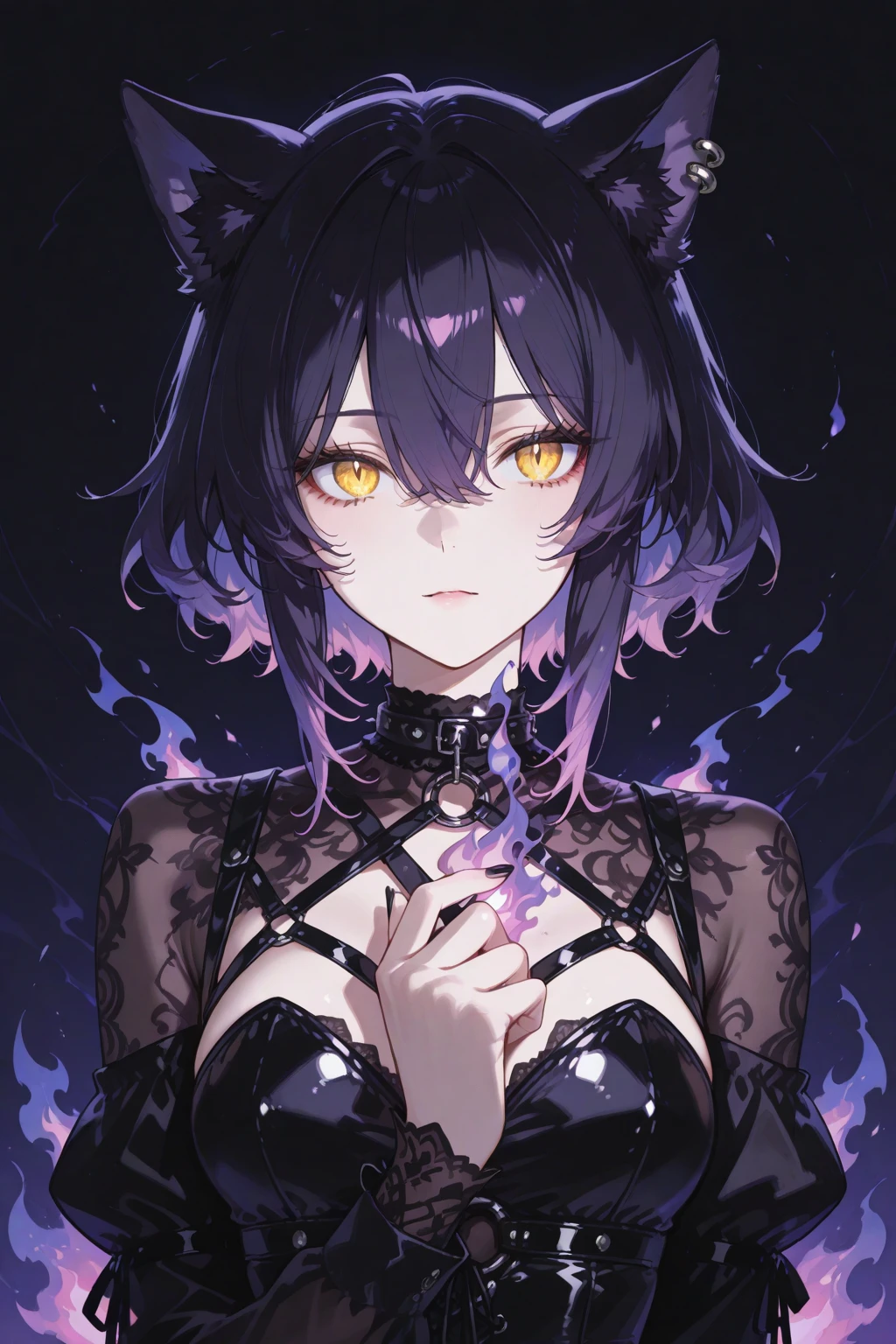 (tmasterpiece, Best quality, 超高分辨率), 1个Giant Breast Girl, Permanent, 校服, White office shirt, a black pleated skirt, ((Black, Black hair:0.7), Cut your hair long, pale-skinned, ((紫色 The eye)), glowing_The eye, neon The eye, (ultra detailed The eye, beautiful and detail face, detailed The eye:0.9), ((at centre)), ssmile, ((广角镜headacing to audience, Line of sight height, (black Background with, ember, firey), flatchest, looking at viewert, ((half closed The eye)), ((Perfect hands)), (((heads, arma, glute, elbows, in sight))), ((Place your hands behind your back)), empty The eye, beautiful light up, Background with, clear subject, 25 age old, perfect anatomia, perfect bodies,Kiriko