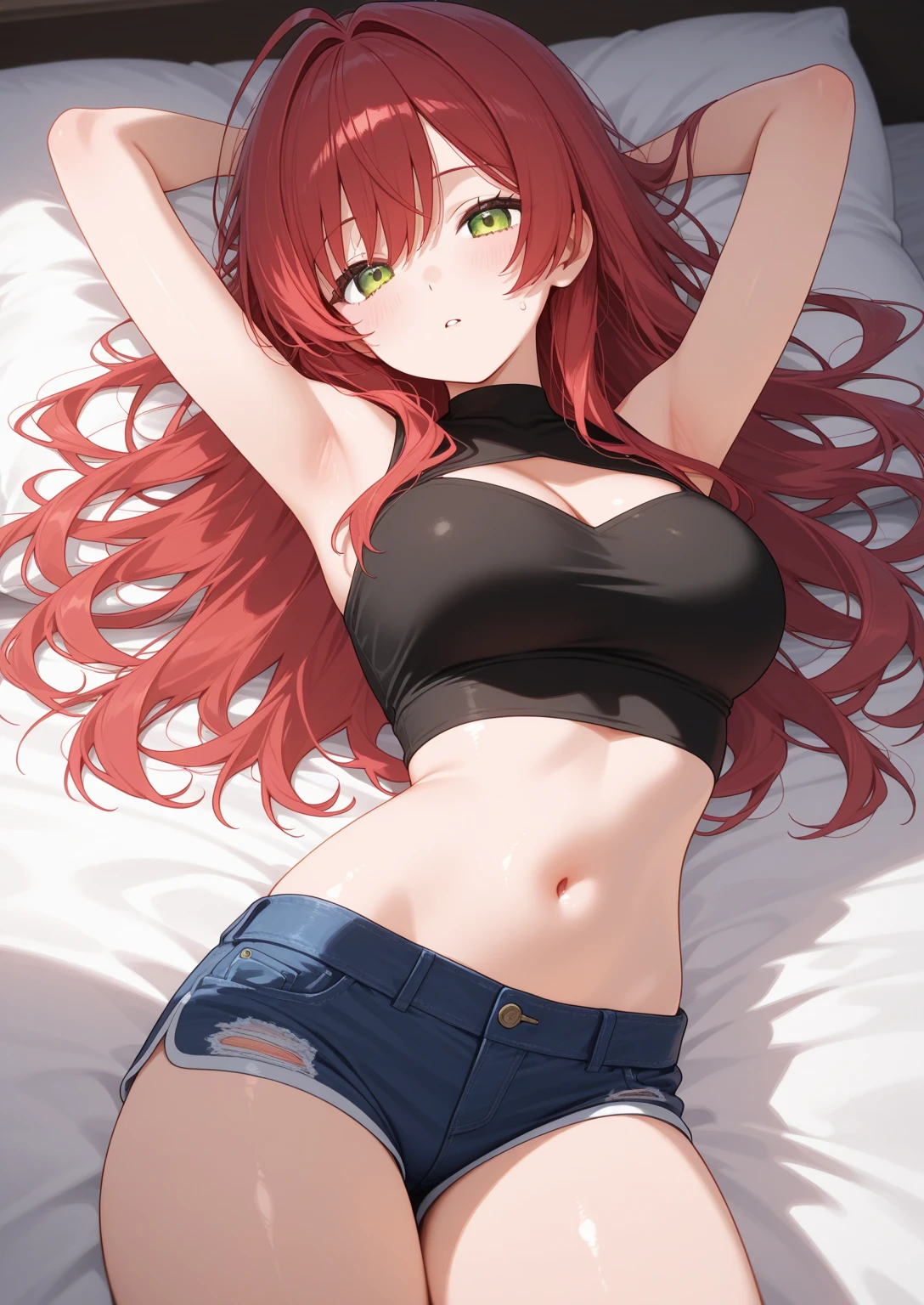 (Masterpiece, Photorealistic, high resolution), ((1girll):1.2), (Masterpiece, Photorealistic, high resolution), ((1girll):1.2), a age girl (Loose White shirt, Black fitness dolphin short, medium boobs, (gorgeous hip beautiful ):1.2, thighs), on top of the bed, lie on the bed, Dolphin fitness shorts, visible panty lines, Pants are Wet, Red hair