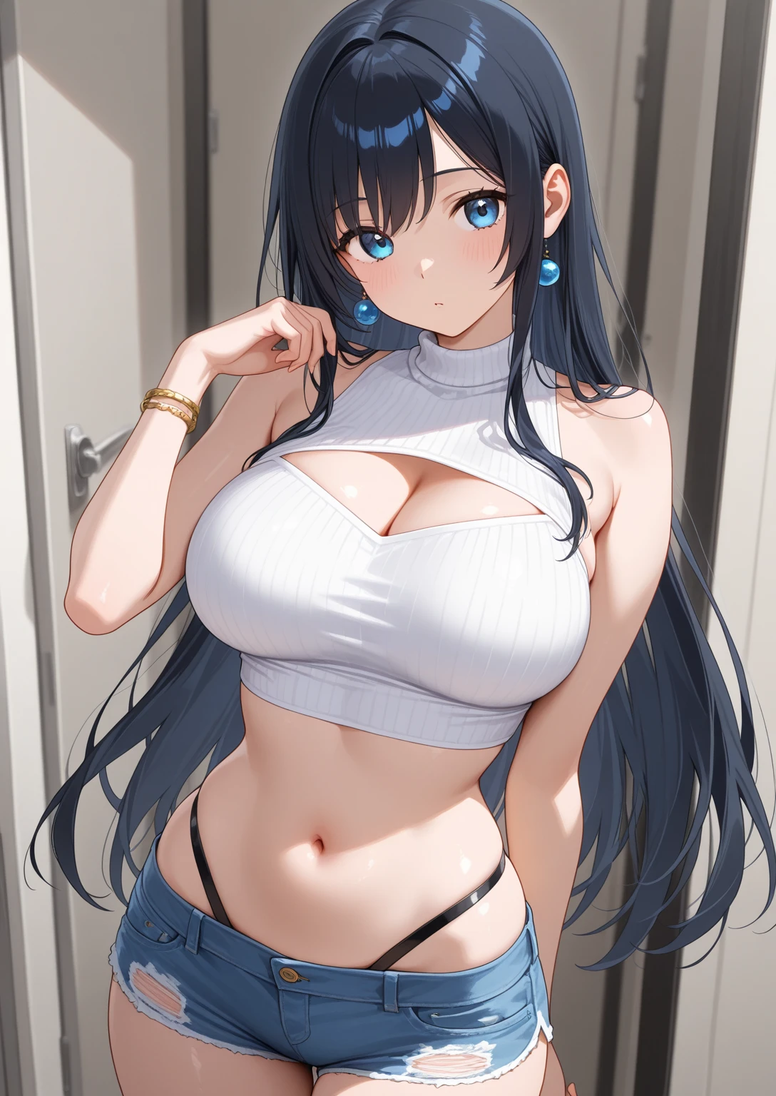 (Background with:In the blue corridor),tmasterpiece,(expressioness:Affectionate smile), 1girll, a mature female, Best quality at best, (:0.2), (gigantic cleavage breasts:1.0), largeeyes, (curves:0.8),Dark blue hair hanging down the shoulders, Deep blue eyes,Wear a dark blue top,Wear dark blue mini short jeans,Expose abs,A sexy pose