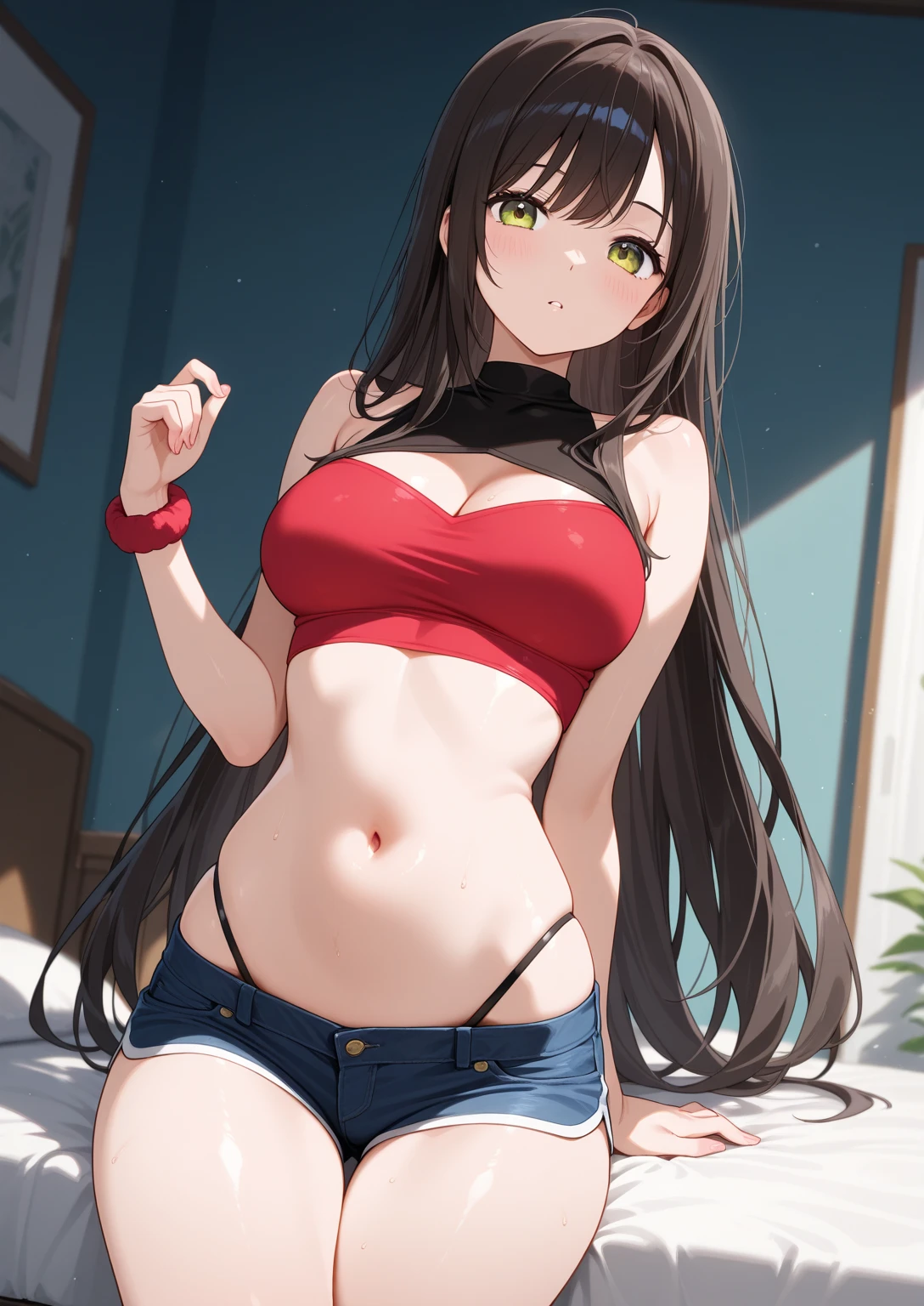 (1) One woman stands wearing a red lace bra and panties。, Lift her chest.
(2) she has long black hair.
(3) her face is smiling and laughing.
(4) The location is a convenience store parking lot..