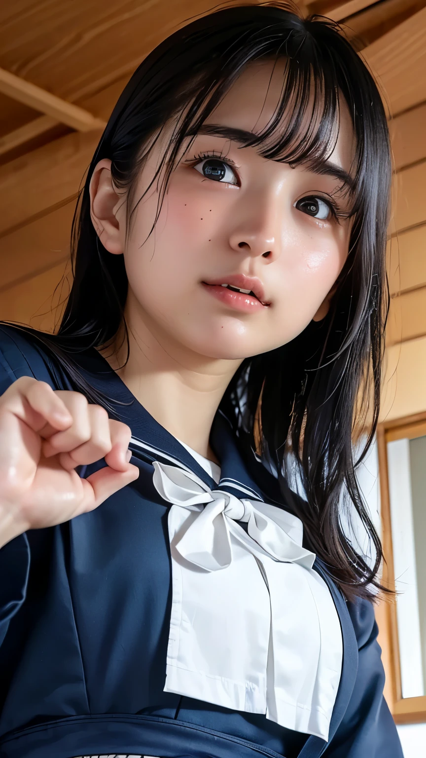 nsfw, Highest quality、Masterpiece、Naked young Japan woman、Real Humans、Ultra-detailed cute faces、Super detailed big eyes、Ultra detailed nose、Super detailed small mouth、Wicked Smile、White collar、Matching ribbon tie、Shapely huge breasts、Very light pink nipples、A soft-looking body、Glistening wet with sweat、Not very narrow waist、Ultra detailed white panties、Attractive thighs、White short socks、classroom