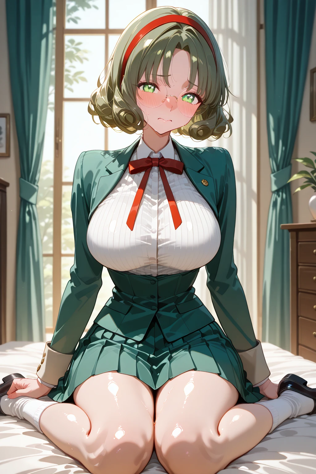 (((Spread and bend your legs))、(((Accentuate your breasts)))、Highest quality, 8k, masterpiece :1.3)), whole body, Sharp focus :One Girl,Shiny skin,Sexy pose,Highest quality,Tabletop,shape,Very delicate and beautiful,Hmph,8k壁紙,wonderful,In detail,Official Art,Very detailedなティッカーUnity 8k壁紙,Incredibly ridiculous,Large file size,Very detailedな,High resolution,Very detailed,Beautiful detailed girl,Realistic,X-ray,The queue is full,(((Green uniform blazer、Green mini skirt)))、(((Big Breasts、Blonde)))、(((Research Room)))、Cleavage , ((Golden Hair、))、Knee-high socks、Sexy pose、Hairstyle: Short hair、Two hands