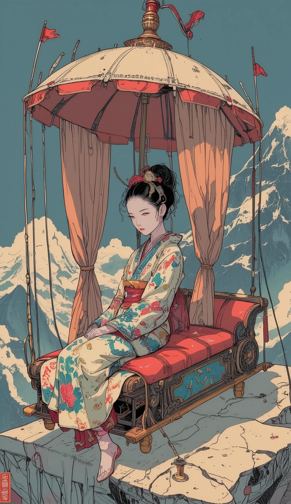 high quality DVD,4K, beatiful Royal (((Japanese Kabuki Girl))) carried on a litter with silk canopies,(((Dynamic Posture)) fondo de montañas estilo Hokusai