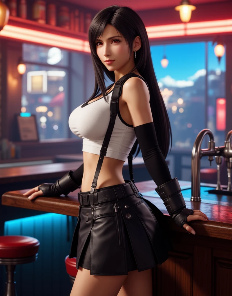 aaa video game, ray tracing, (8k graphics), (best quality), solo, (anime eyes:0.9), curvy female bartender, long straight black hair, face : ((tifa lockhart), smiling, looking at viewer), figure : (very fat , overweight breasts breasts, thicks, slim attractst, toned highs, gigantic breasts, pokies, love handlety  body type,  clothes : (too s overly-stuffed skintight black sports bra, white tank top, visible cleavage, exposed midriff, pleated blackirt, black knee socks, red combat boots) , setting : (dimly lit bar), pose : (leaning against a counter)