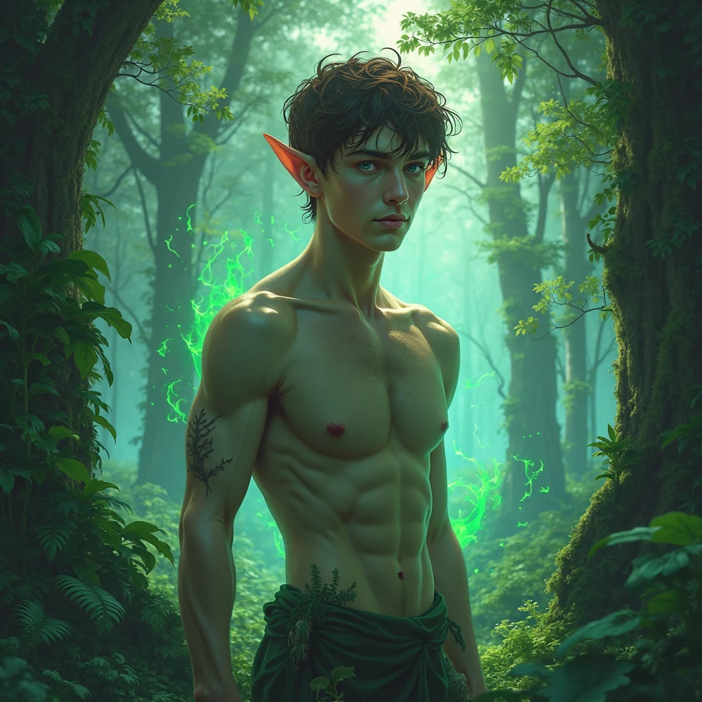 score_9, score_8_up, score_7_up, score_6_up, score_5_up, score_4_up,  1boy, 20yo, bioluminescent skin, glowing blue-green undertones, messy short black hair, sharp jawline, piercing green eyes, nude, flaccid penis, testicles, dark forest, midnight, very dark, vividly colored foliage, glowing mushrooms, neon flowers, sparkling fireflies, misty atmosphere, warm mist, lush greenery, dense trees, foggy surroundings <lora:Pony\Aurealis_gamma-PDXL:0.7>