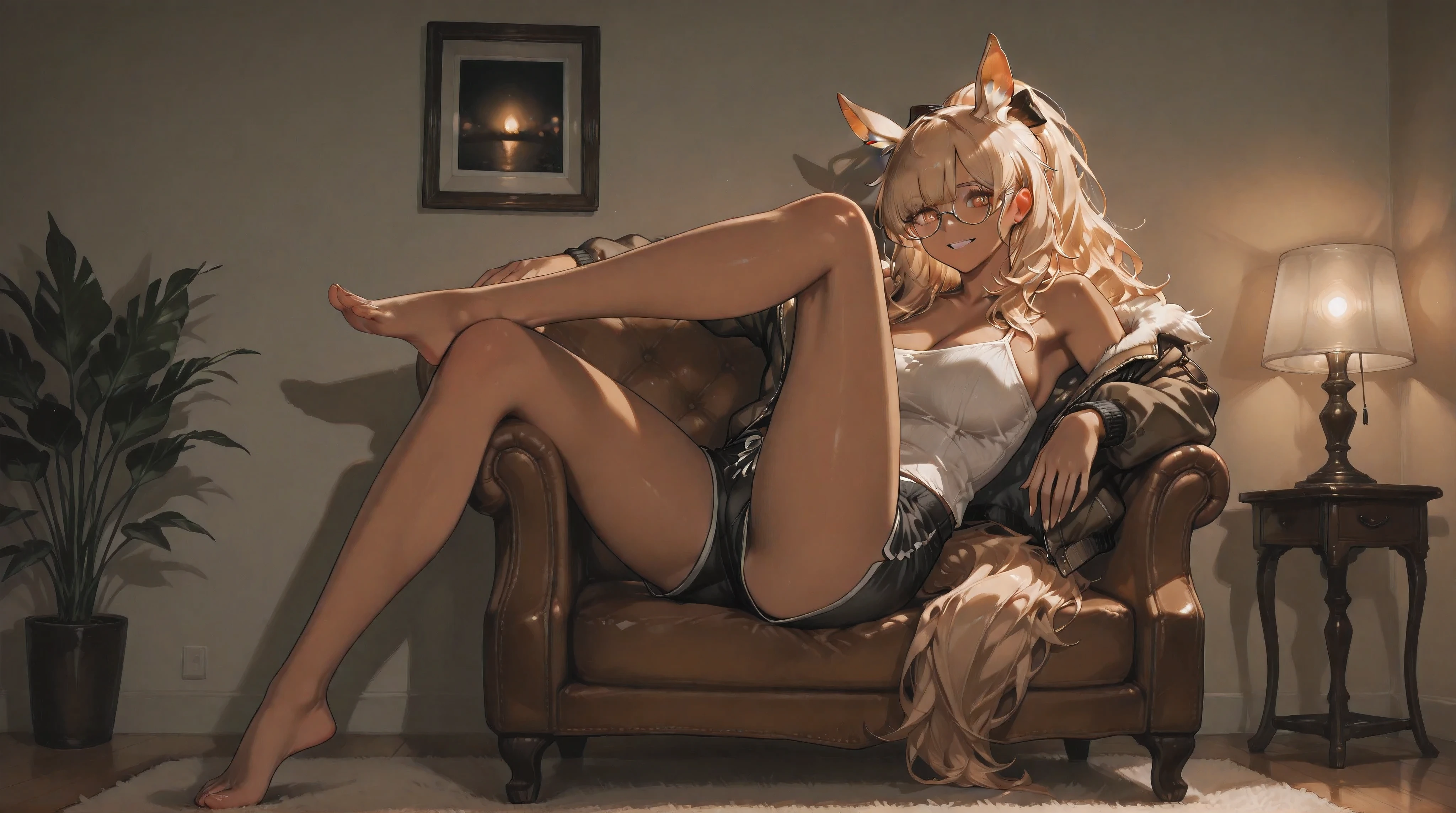 (NSFW:1.1), A Realistic image, extremely sharp focus, crisp details, high resolution, low light, fashion photography, 4K, 8K. (correct anatomy and detailed hand). A wide angle shot, side view, a detailed, high quality rendering of blemishine_\(arknights\). She wears beautiful, detailed round eyeglasses, she wears a camisole, bomber jacket and shorts. She has a beautiful large breasts. She has a beautiful face details, a beautiful detailed yellow eyes, blonde hair, ponytail, hair bow, detailed hands, five fingers and a real human skin, dark-skinned female, her expression is happy and she looks at the viewer. A cozy living room illuminated primarily by the soft, dim cinematic light of a floor lamp tucked behind an armchair, spreads leg. The light gently washes over the surrounding furniture and casts long, subtle shadows on the walls, cold color pallete. the background has highest detail, detailed background and depth of field.