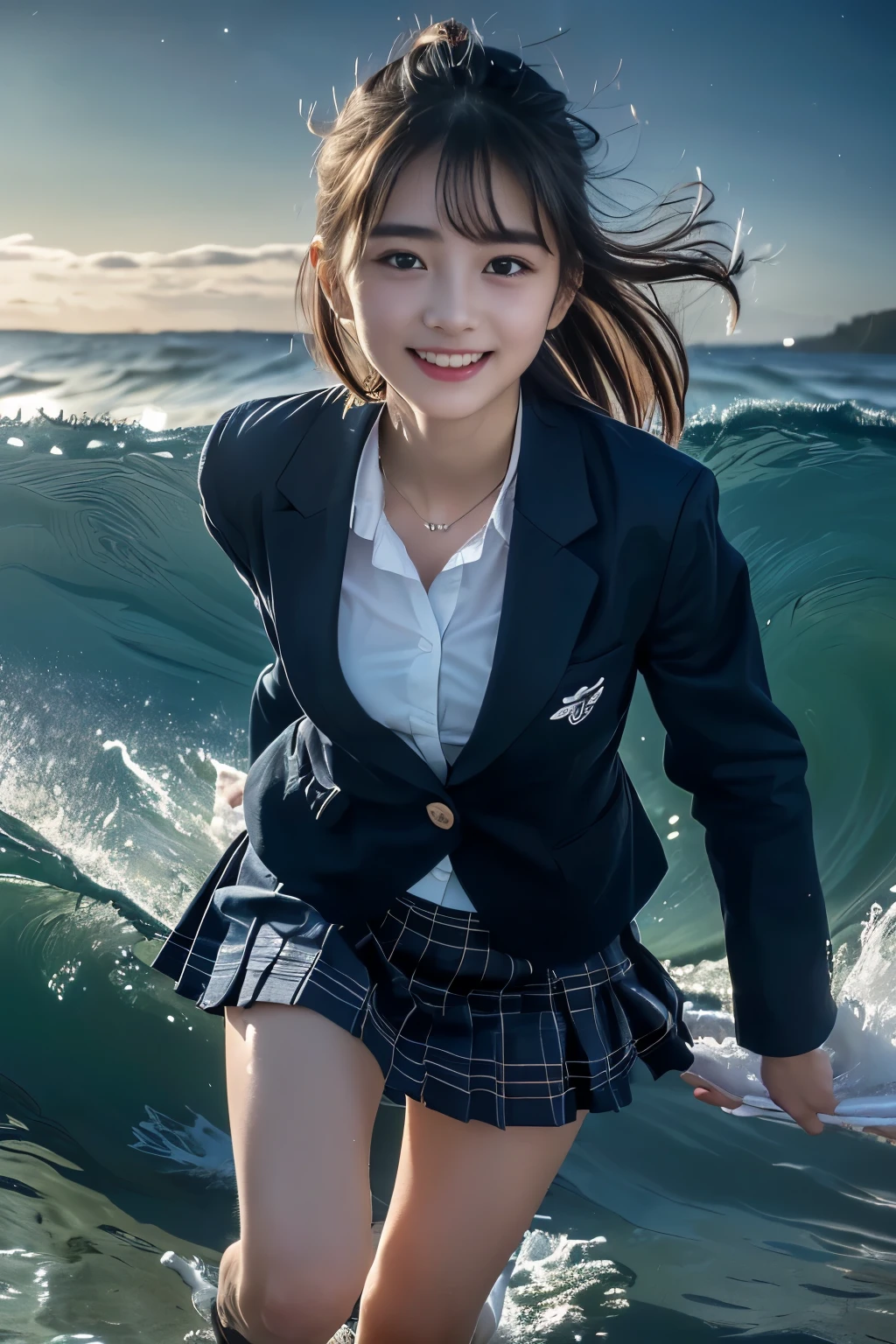 (Highest Quality、masterpiece、super quality、Super accurate 、UHD、Ultra High Definition:1.2)、(16k、photorealistic、Realistic As Pictured、 RAW photos 、f/2.8:1.uper realistic details、High Details、very detailed、Highest Qualityの影、depth of field、ray tracing:1.2)、(Baby Face、fashion model、20 years old:1.uper cute face、One Nogizaka girl:1.3)、(dynamic action、full body、Running happily along the beach、Professional cinematography、low angle:1.agitales、double eyelids、beautiful, clear, dark eyes)、(natural makeup、crystal pendant for acting)、(big smile、happy:1.hort brown hair、bungs、流したbungs:1.2)、(perfect anatomy、完璧な比率、Beautifully detailed body、Beautifully detailed hands and fingers、Beautifully detailed legs、 white skin、very detailedな肌と顔の質感:1.2)、(JK shirt、 JK Plaid Pleated Skirt:1.4)、(JK Blazer Uniform、Female High School Student Uniforms:1.4)、(Big Wave、Southern Ocean、fantastic、Mysterious、Night Scenery、starry sky:1.printing with joy、running、High school girls running at full speed along the beach:1.4)、(wet hair、wet costume、Hair blowing in the strong wind、Skirt fluttering in the strong wind)、( beautiful Korean girl 、 cinematic lighting、professional lighting)