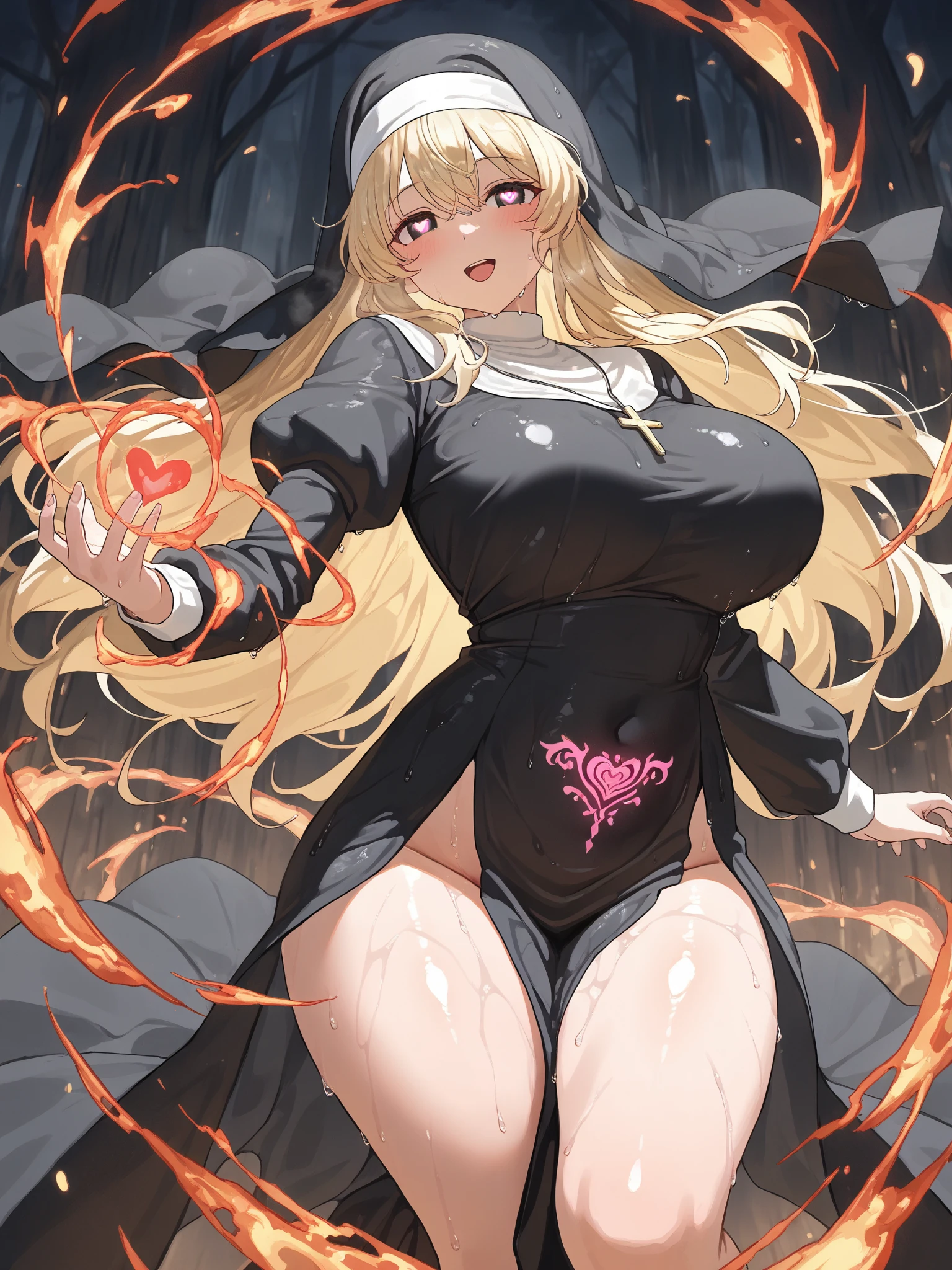 young woman, perfect body, shinny blueeyes, perfect boobs, perfect thighs, fire crown, long golden blonde curvy hair, transparent long white dress, lingerie, exposed belly, exposed thighs, red and gold mixture cloths, highly detailed enchanted cloths, standing and starring, head to mid thigh:4.5 photo, eye level camera angle, dark lighting, fire radiation, flames background, detailed background, fantasy art, hyper realistic,