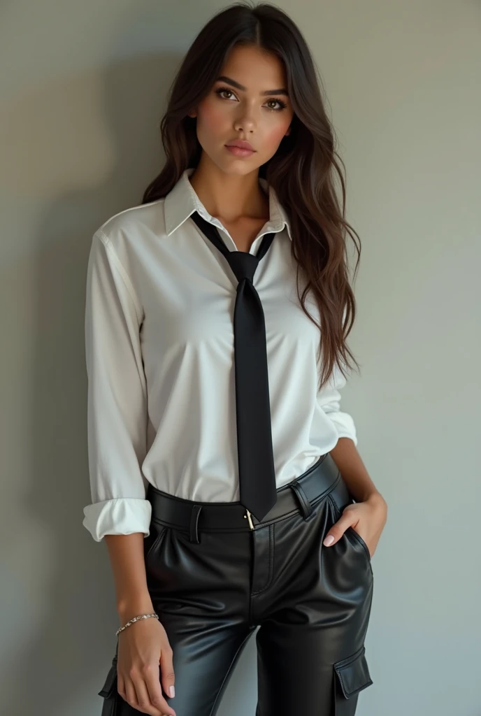 A young woman in black suit white shirt and loosely knotted black silk tie 