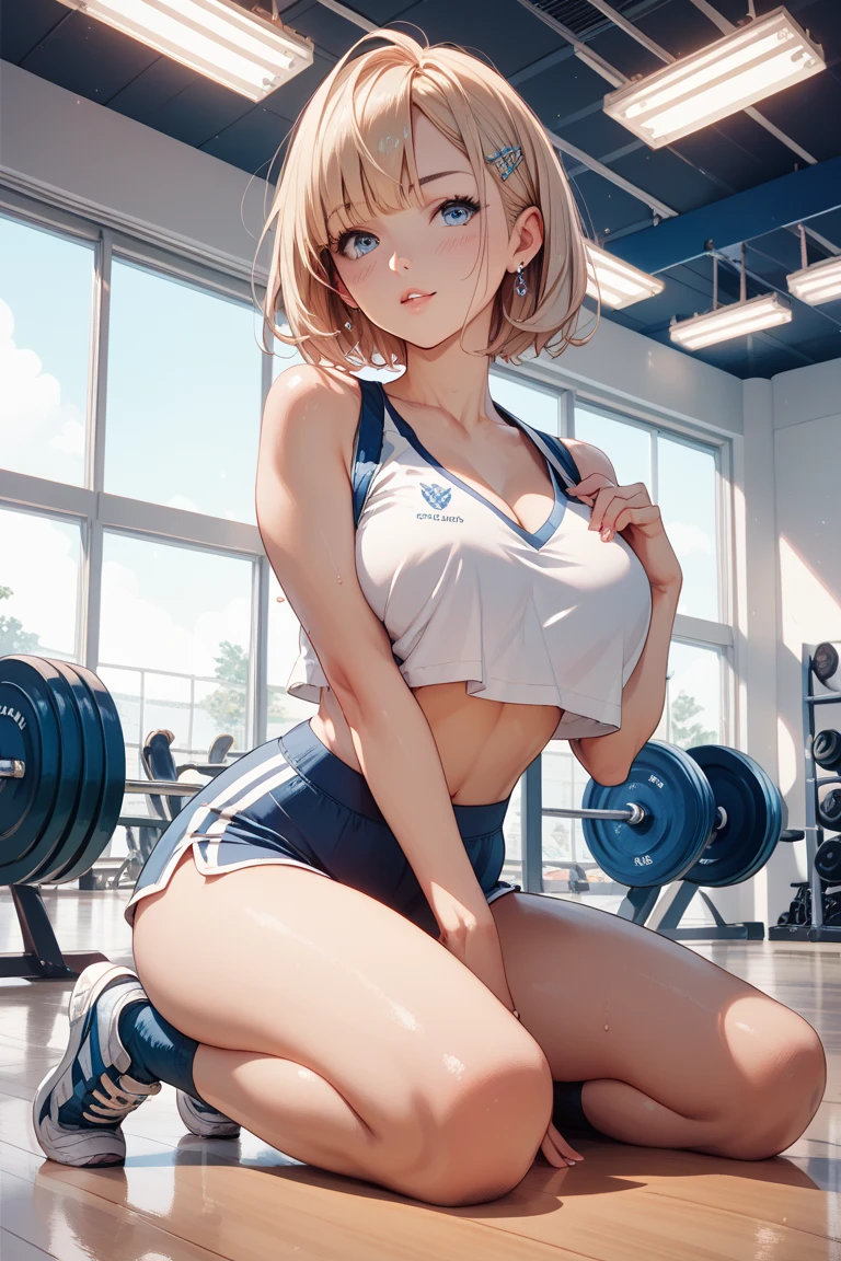 Best Quality, masutepiece, High resolution, (Anime Heroine Illustration), Anime Paint, 1beautiful girl ,Dynamic Angle,Women's weightlifters ,small head,Large breasts,Trained abs,nice legs, Glowing skin, Sweat,At the weightlifting venue ,(Detailed beautiful face:1.4),detailed skins,Detailed eyes,detailed hairs,Detailed beautiful legs,