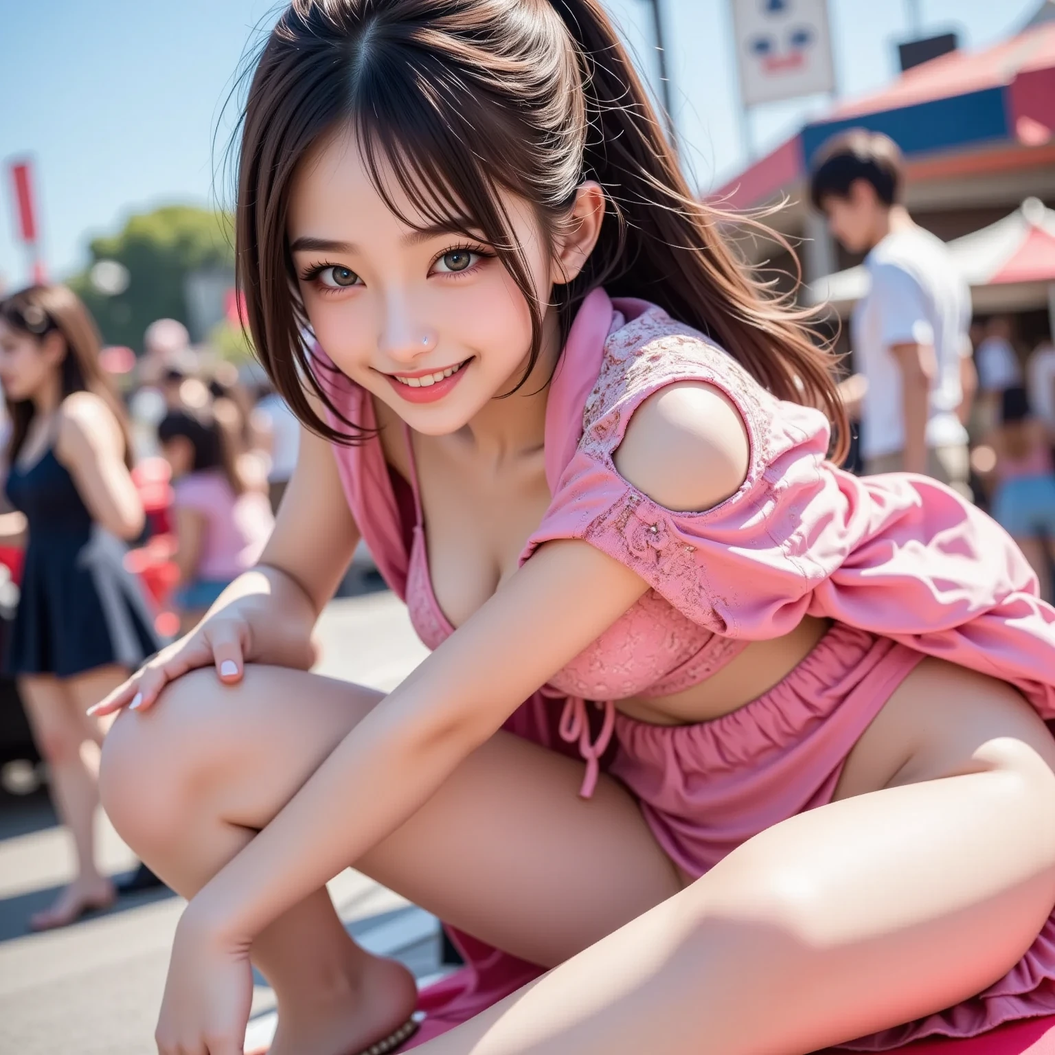 highest quality，1 female，Very large and beautiful breasts, Diameter about 50cm、Tight waist，Beautiful 20 year old Japanese woman, Angle from the front of the woman，Smiling woman at amusement park，M-shaped legs