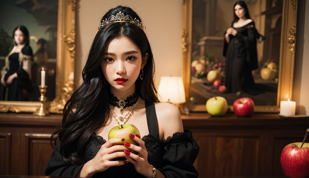 A person with a neutral expression, dressed in a black shiny coat and a light-colored headband, is sitting while holding two red apples. A large serpent is draped around their shoulders and arm. They are seated in front of an ornate, spiky background resembling a sunburst or crown, giving a dramatic and artistic feel to the image. The setting includes earthy tones and rustic textures. The word DEADDDREAMER is displayed at the bottom of the image.