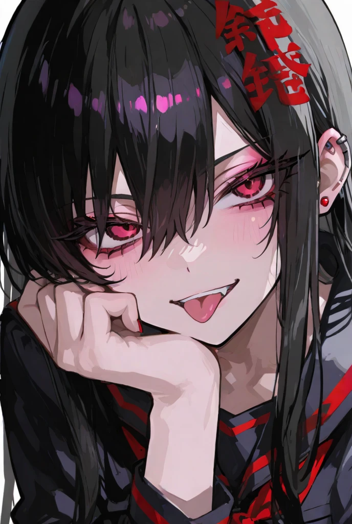 masterpiece, best quality,realistic,absurdres,1girl,looking at viewer, blush, tongue, rolling eyes, ahg, ahegao, living room, skinny,  black hair, goth punk, messy hair, bedhead, black collared shirt, red tie,