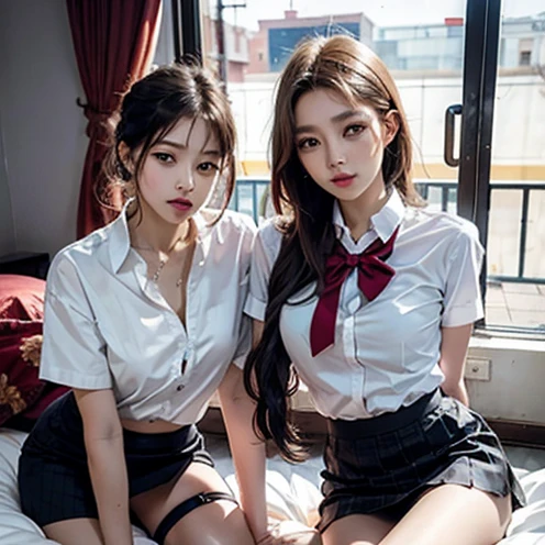 ulzzang-6500-v1.1, (top quality, masterpiece), (raw photo: 1.2), (photorealistic: 1.4), best quality, master, very tasty and beautiful, highly detailed CG, 8k wallpaper, amazing fine details, master masterpiece, official art, huge file size, high resolution, 2-3 girls, (snugly next to each other without separation between characters ), (There is no break in a single piece), Teens to 30s, (Representation of the human body based on accurate anatomy), Intricate details, Japan schoolgirl uniform,(Neat white blouse with smooth sheer fabric with ribbon tie), (Ultra mini navy blue tartan check pleated skirt),(Everyone is dressed the same),(Wearing clothes tightly),(Less exposed upper body skin), ( White panties), (Blouse buttons all buttoned)), Blonde, ((Very large breasts)), (Very big breasts), (Very big area),(Clothes cramped),(No bra),(skin tone shows through), (Big buttocks), (Thin thighs), Very beautiful eyes, Bright ultramarine eyes, (Detailed pupils reflecting light), ( The iris of the eye is drawn with fine radial pattern details), (the whites of the eyes are slightly darker), (the upper 30% of the eyes are shadowed), no makeup, snug, no makeup, realistic shading on the body assuming a light source, cute girl and mature beauty, (whitening skin), baby face, smile, long hair partially braided, ((pose that emphasizes buttocks facing backwards)), snuggle up, beautiful garden with flowers, clear sunshine,