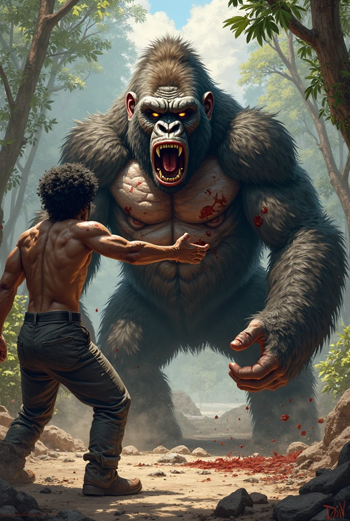 We want such an image in which a big gorilla has taken the half body of a in its mouth and the child is screaming loudly for help. High quality image
