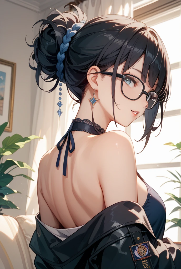 an anime style image of (AYHP) woman, 2.5d, c cups, 1girl, centered, glasses, squinty eyes, black hair backbun, backlit, sunlight, warm colors, best quality, hd, masterpiece,