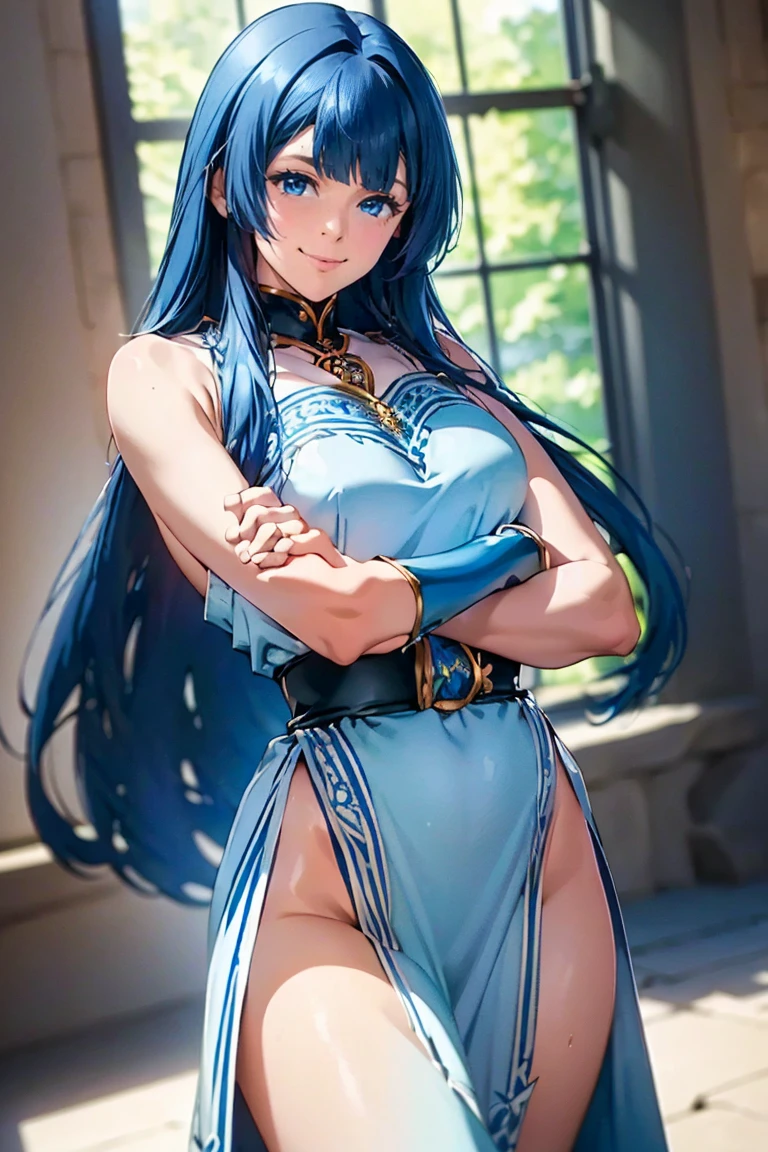 Adult female,long black blue hair, blue eyes,hourglass body figure