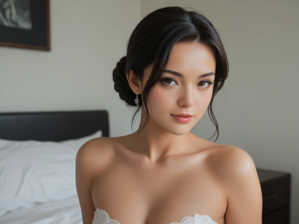 Full length body photo, photo taken can see from head to toe, asian beautiful woman in a white wedding dress, topless and revealing, exposing her (((large naked bare breasts))), veil, beautiful detailed eyes, beautiful detailed lips, extremely detailed face, happy smile, long eyelashes, seductive pose, sensual, erotic, photorealistic, 8k, high quality, dramatic lighting, cinematic, chiaroscuro, warm color tones, (((zoom out))), (((no close up))), facing the camera, body facing camera, wearing diamond necklace and bracelet,