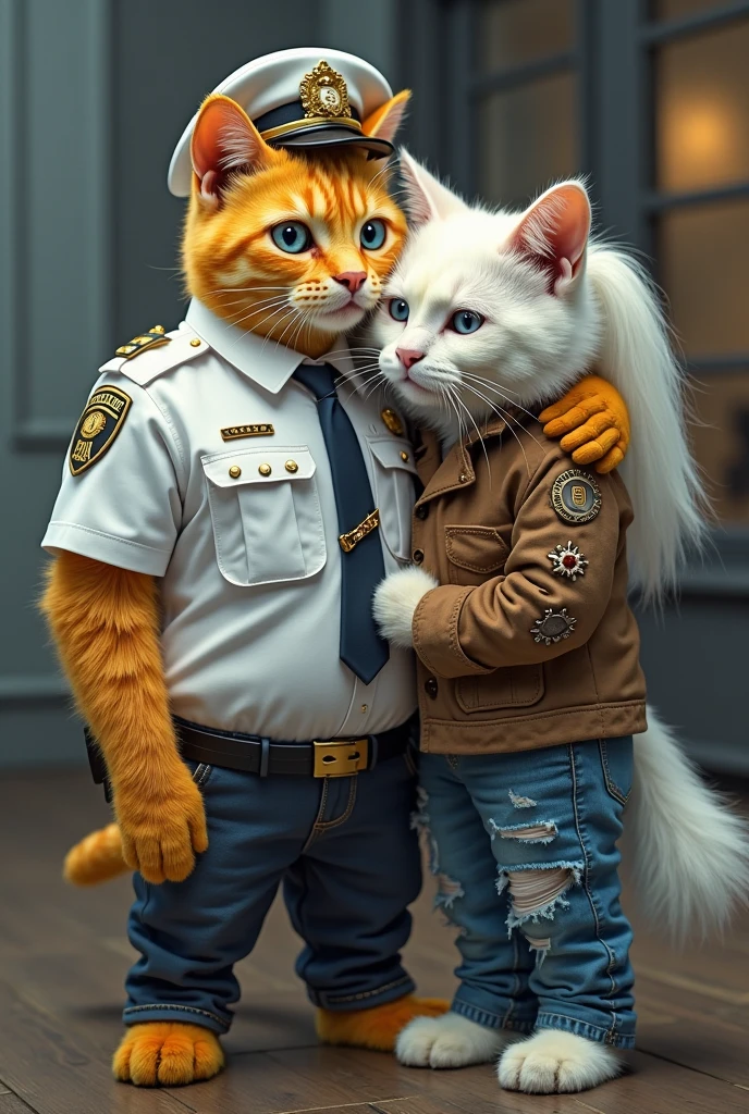 A yellow and gray stylish tall cat dressed in white police uniform putting Hand on the shoulder of weeping white cat dressed in brown jacket with studs and blue tattered jeans and white pony tail n police station