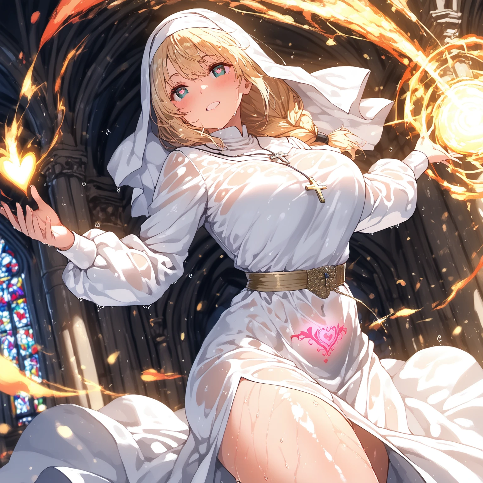 (Anime adulte woman), priestress, priestress dress, light aura, church background, cleavage, has magician staff with light white crystal, perfect hands with five fingers, light halo, casting light magic