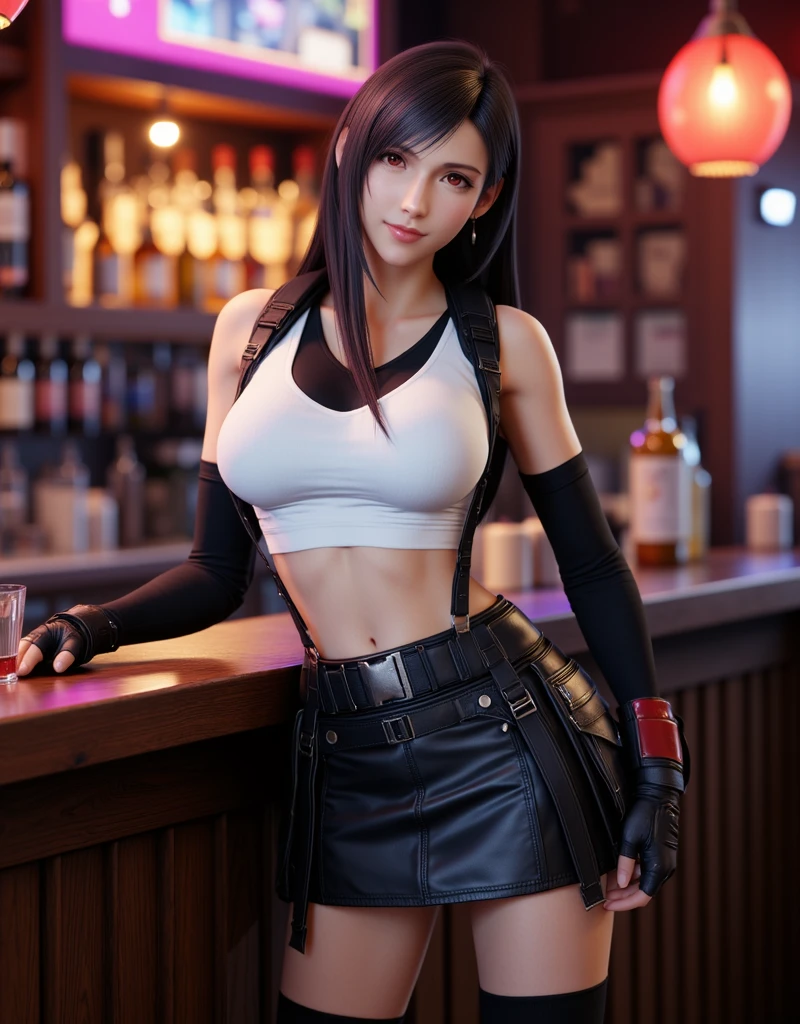 （realisticlying：1.4），top Quority，very fine and beautiful，A high resolution，1 girl sitting in a bar drinking，tifa_lockhart，ssmile，cowboy lens，Harnes，Low Waist，mini-skirts，vests，Tension shirts，brunette color hair，long whitr hair，gloves on the elbow，Beautiful detailed red eyes，Face light，cinmatic lighting，nabel，High exposure，Abdominal exposure，the ribs，Abs，（gigantic cleavage breasts：1.2），dynamicposes，dynamic angle，