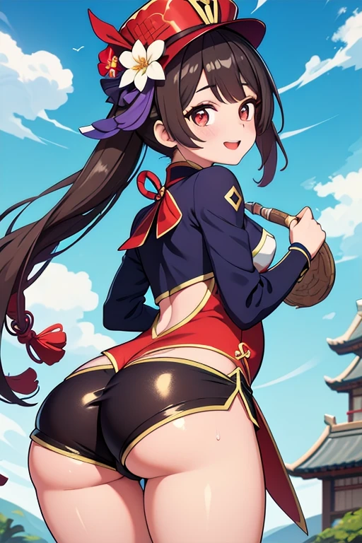 anime artwork, score_9, score_8_up, score_7_up, score_6_up, score_5_up, score_4_up,sparkle \(honkai: star rail\),1girl, twintails, black hair, medium breasts, red eyes, red eyeshadow, fox mask , , , , , she is 24 years old, , ,horny, , , , style_3, ,,, floox style, . one-piece swimsuit. from below, cameltoe, from behind, , looking at viewer, grin, sky, clouds, sun, ass
