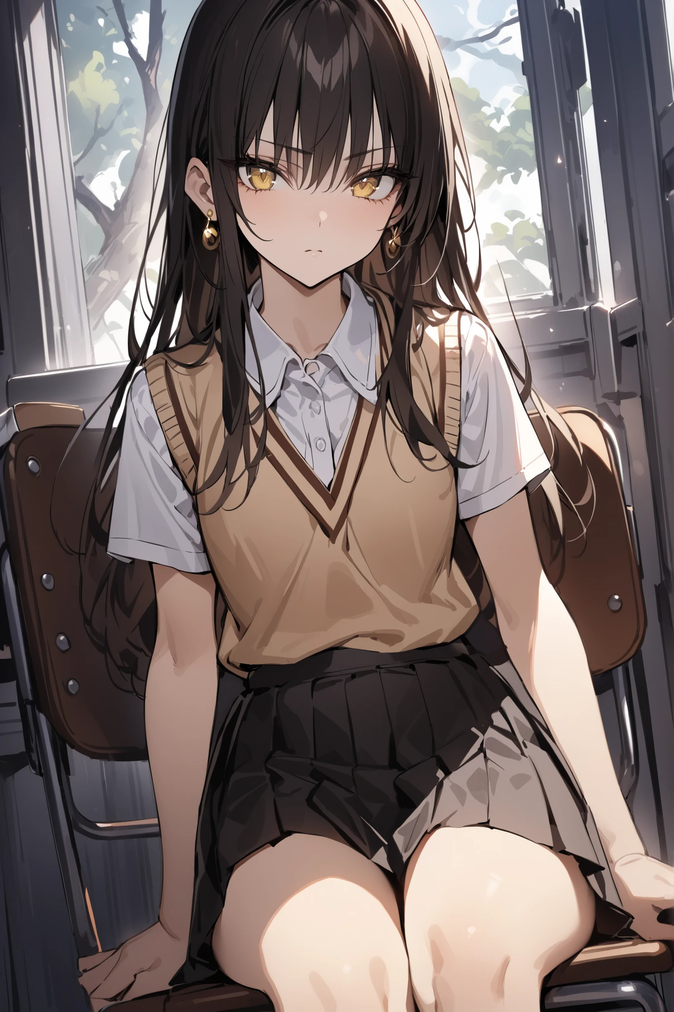 ((masterpiece,Highest Quality:1.2)),cowboy shot holding eggplant,Slender female high school student with thin legs sitting on a chair in a school classroom,Light black long hair,Perfect yellow eyes, tree eyes ,serious expressionless,brown knit vest,white school short sleeve blouse,(Black Pleated Skirt), wear white loose socks,brown loafers from pretty straight up,Gold Earrings