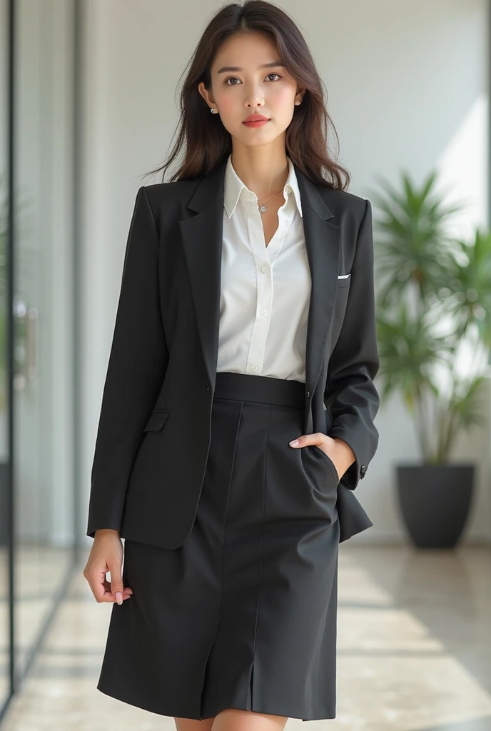 Woman in a suit standing on the sidewalk,((20-year-old woman))、small Breasts、Dark brown hair color、Hairstyle with bangs、Various hairstyles、Hairstyles of different lengths、(8k, RAW Photos, highest quality, Tabletop: 1.2),、(Realistic, Realistic: 1.3), Cityscape, Day, Sunny Morning, Professional Lighting, Photon Mapping, shirt, (Woman in a suit,) Silk Suit、Pencil Skirt、Tight Skirt、((Delicate photo)),(Detailed RAW Photos of Girls), (Tabletop:1.25), (highest quality:1.6), (超A high resolution:1.5), (Realistic:1.75), 8k resolution, Canon EOS R5, 50mm, absurdes, Ultra-detailed,Cinema Lighting, (Skirt Lift:1.5)、the wind is strong、smile、Skirt flipped up, ((panties)),