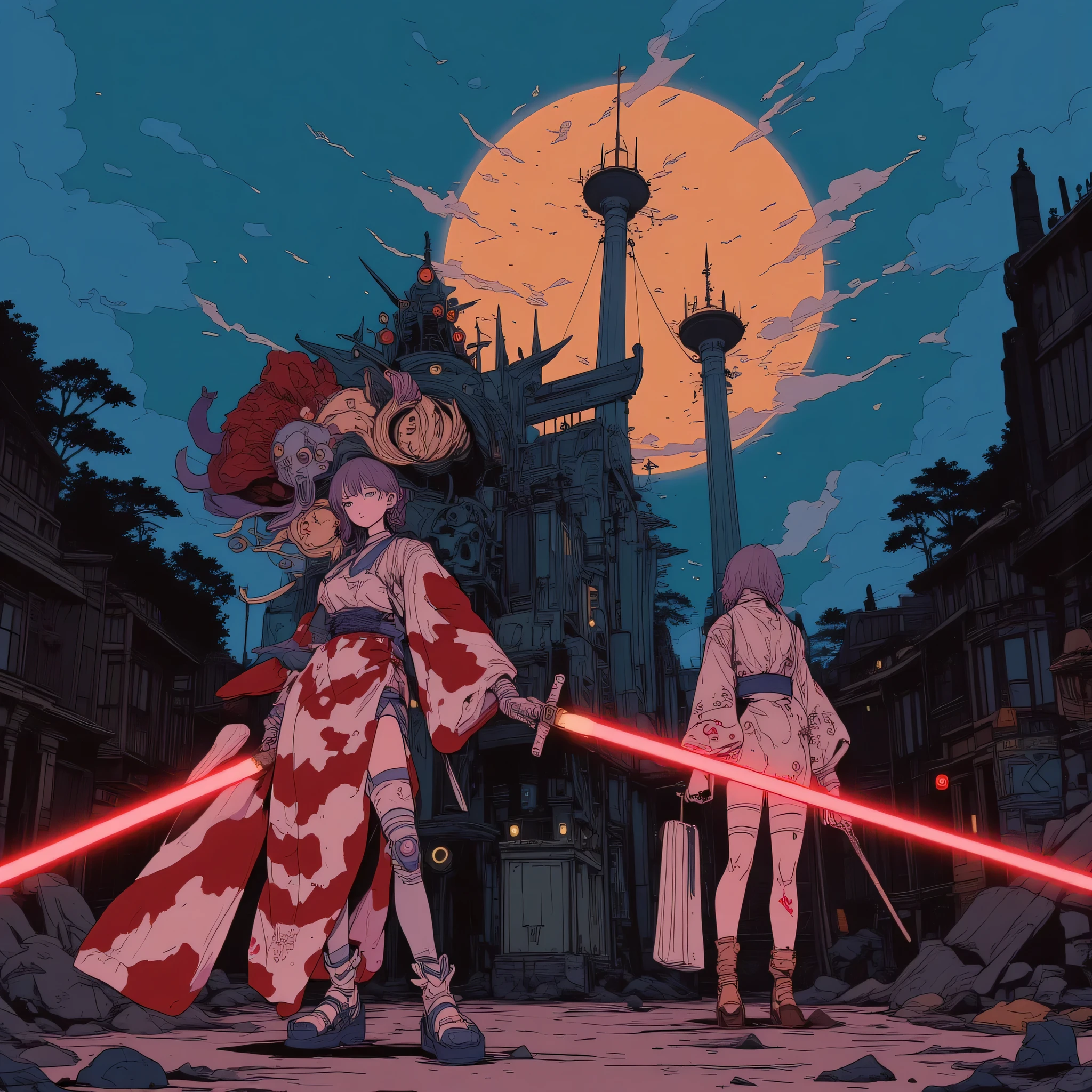 Cute 30-Year-Old Woman、Red and White Ruthless Background、、、Despair Background、Cow Print High Leg Swimsuit、super big 、 samurai、pink and red thin yukata、a lot of exposure、laser beam、night、light、adventure、Departure 、、、Deep-Chest Valley、unkempt hair、spiritual unity、stroll、 Female Warrior、 plump 、cyborg、、Highest Quality、Max Masterpiece、sex appeal、anatomically accurate、anatomically accurateな女性、anatomically accurateな背景、perfect five fingers、 blue sky and clouds、reflection、aura、Awakening、Steampunk、、The Sky Is Burning、Robots walking、、