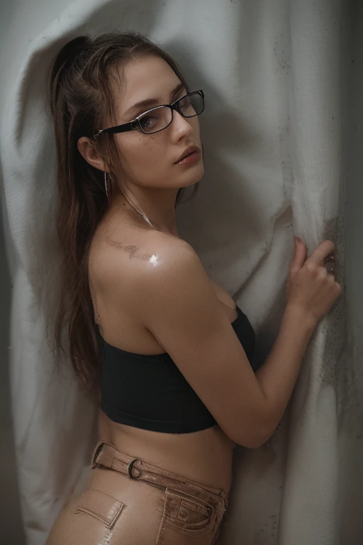 russian girl, long black hair, zoom in, hot, wear glasses, sexy, wet, in the bedroom.