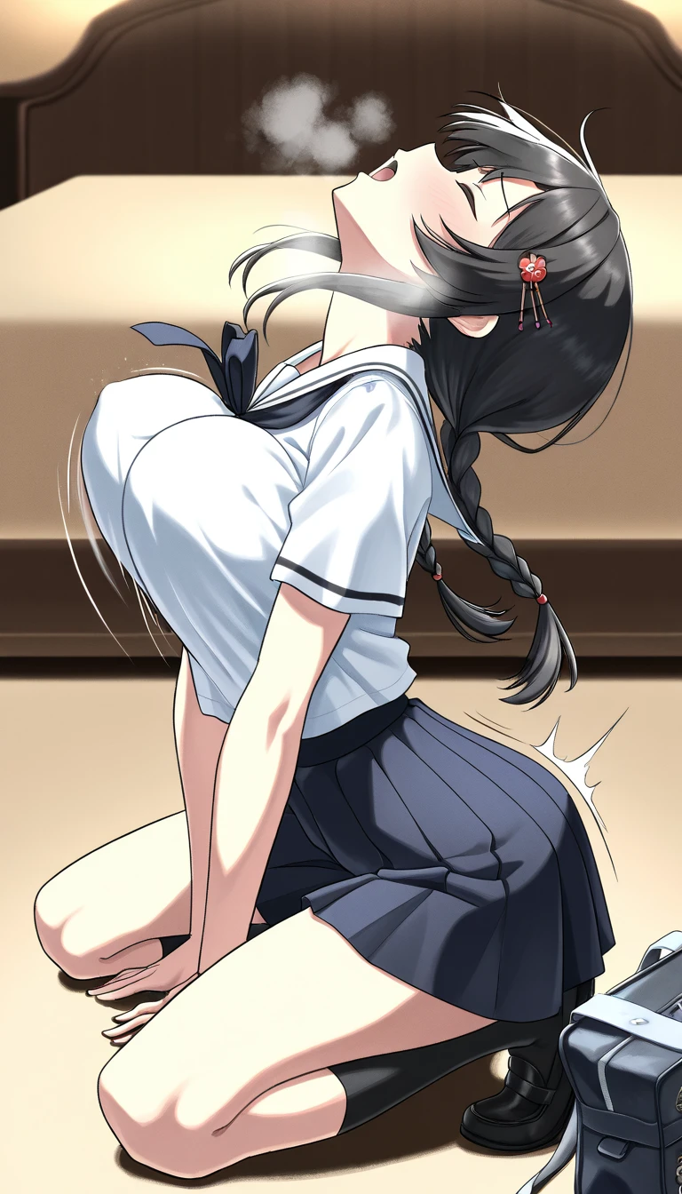 (best quality, ultra detailed:1.2),,shinomiya kaguya,kaguya-sama wa kokurasetai ~tensai-tachi no renai zunousen~,folded ponytail,parted bangs,forehead,red eyes,black hair,hair ribbon,red ribbon,short hair,tsurime,skinny,small breast,shuuchiin academy ,black dress,collared dress,neck ribbon,long sleeves,crying,BREAK NSFW, 1girl, 1boy, (varginal sex, sex from doggystyle1.5),(POV, from behind:1.3), grab waist, (looking back:1.2),orgasm, sigh,completely nude,(masterpiece:1.2)
