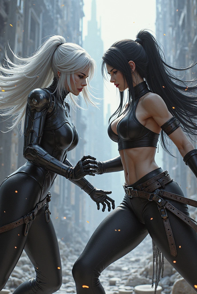 Photorealistic, High resolution, 2females, hips up high, Back view, look at viewr, (Detailed face), White hair, Long hair, Knight Armor、The buttocks are out、masuter piece、
