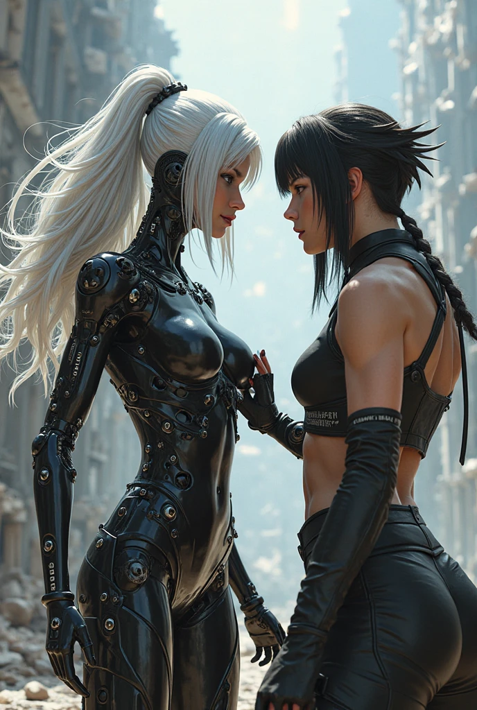 whole body display,RAW photogr,Ultra photo realsisim,(tmasterpiece,8K UHD,hdr,extremely detaile,Complicated details,best qualtiy,professinal,Dark colors),2girls,Half holy,Half evil,(Tall figure),(Refined face),(Flying long hair), Fight together,angel and demon,sky town,
