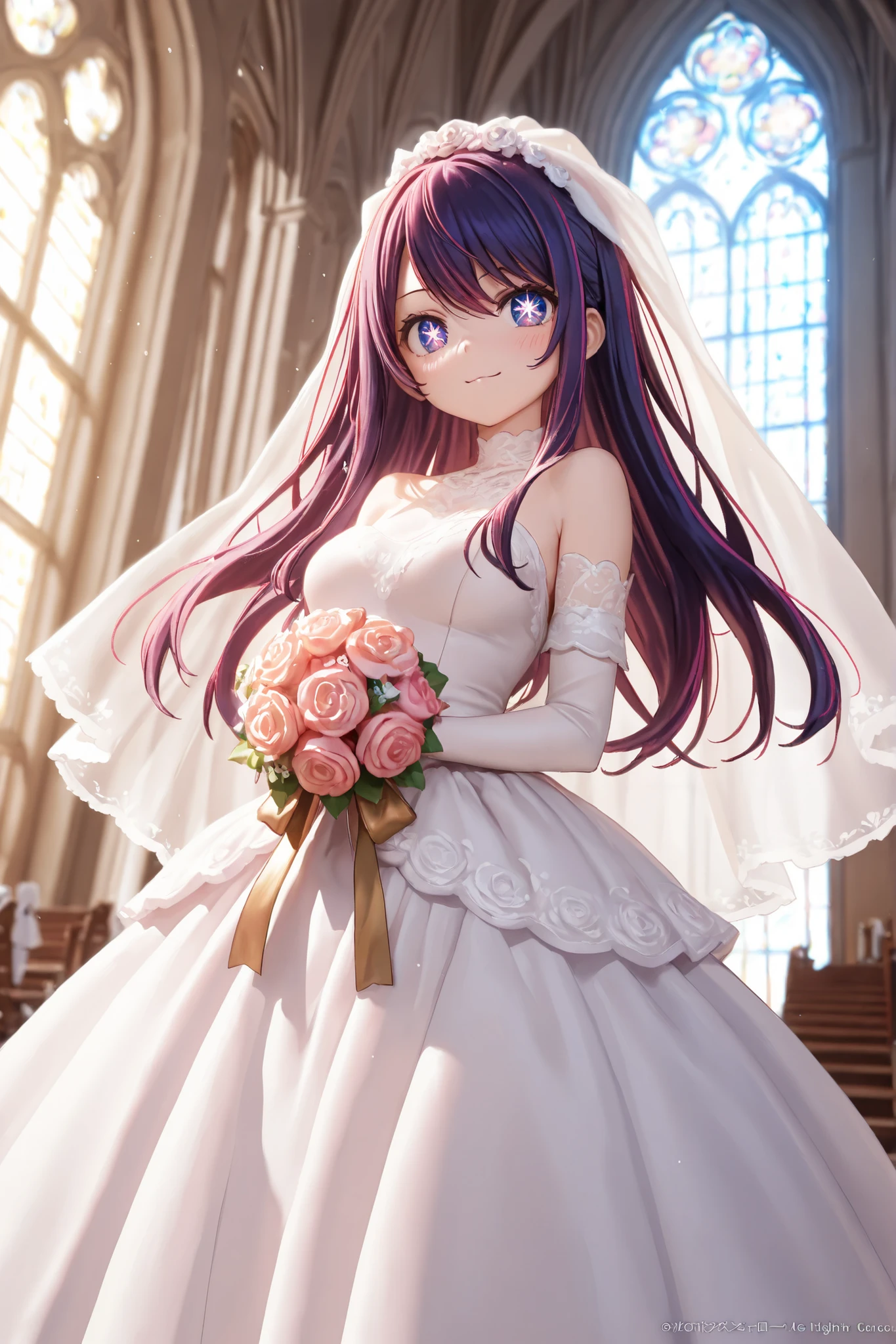 masterpiece, best quality, highres, 1girl, solo, ouka, large breasts, long reddish-pink hair, violet eyes, wedding dress, wedding_veil, bouquet, church, cowboy shot, full body, light smile