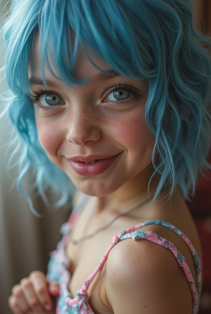 A girl with curly hair dyed blue at the ends,Caucasian skin, blue-eyed,Body cute,Brazilian,um top branca e um shots jeans preto, adolescent, background of a age bedroom