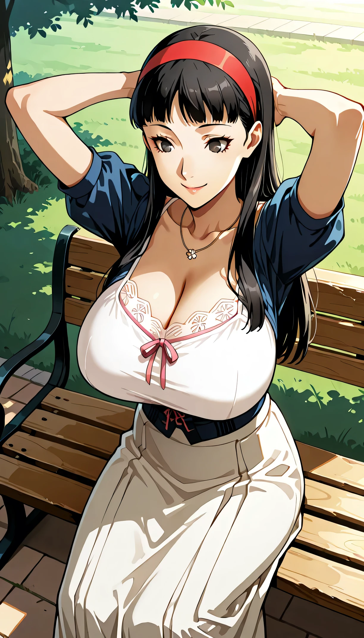 1 girl cute face,
p4yukiko, amagi yukiko, long hair, black hair, bangs, hairband,
p4yukiko-sumcas, necklace, shirt, blue shirt, white camisole, puffy sleeves, short sleeves, skirt, white skirt, long skirt,
outdoors, park, sitting, bench, smile, hands behind head, looking at self,gigantic breasts
masterpiece, best quality, ultra detailed,view from above