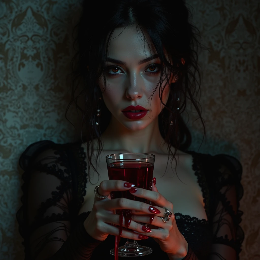(masterpiece,best quality:1.2), high detailed,realistic,Bettie Page, glamorous vampire, sharp teeth, red eyes, red evening gown, sensual but menacing pose, chalice of blood, gothic background, dark fantasy style, mysterious and seductive atmosphere.