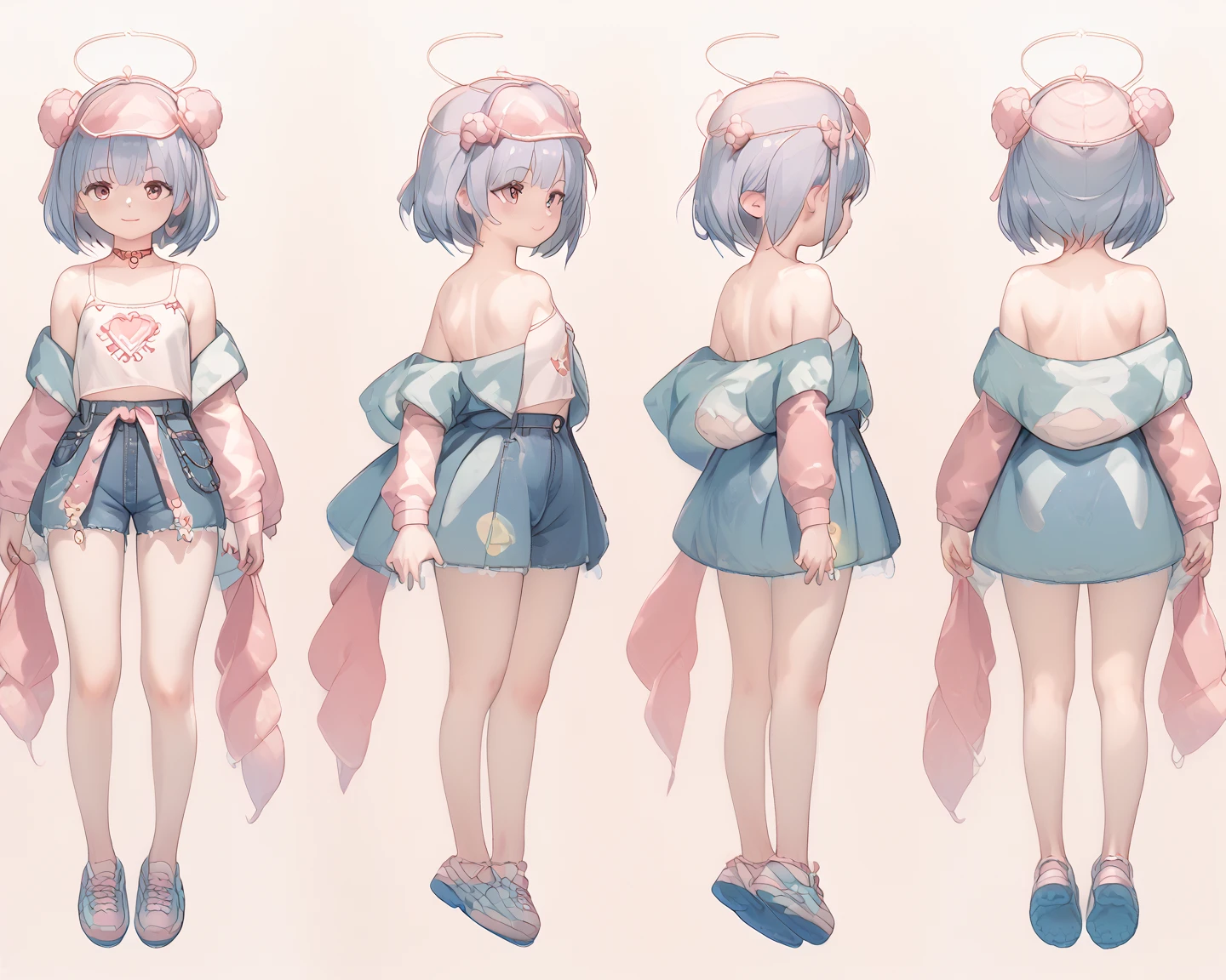 male character design sheet, short twink feminen boy, cute outfit , straight short jellyfish cut hair, reserved and introspective