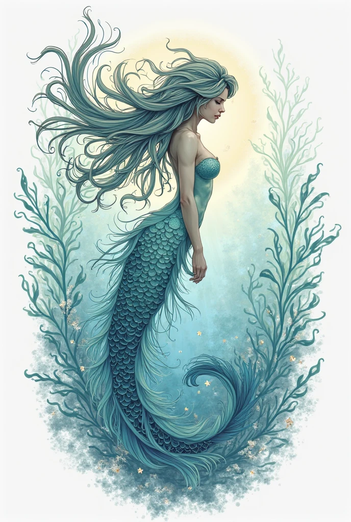 a drawing of a mermaid with ULTRA REALISTIC SCALES, DETAILED AND LONG RED HAIR AND A TAIL, BEAUTIFUL MERMAID, MERMAID BODY, MERMAID, ARIANA BIG AS A MERMAID, MERMAID PORTRAIT, MERMAID, A MERMAID IN THE SEA, IRIDESCENT SCALES ON HER BODY, MERMAIDS, IRIDESCENT ILLUSTRATION, SHE HAS IRIDESCENT MEMBRANES, SEA GODDESS, MERMAID TAIL, OCEAN GODDESS, Colorful illustration