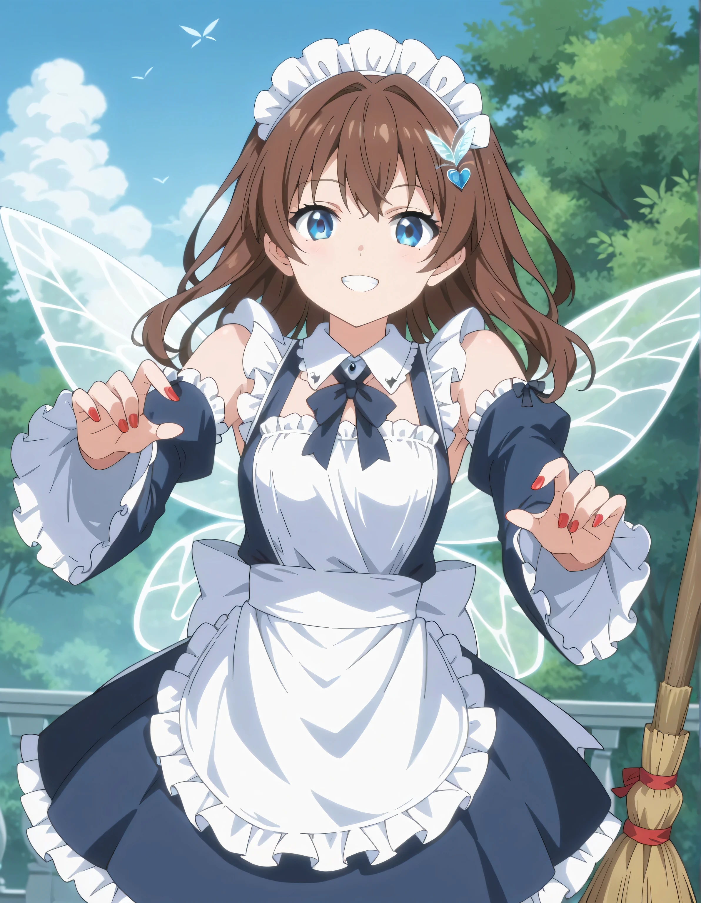 score_9, score_8_up, score_7_up, source_anime,absurdres, highres, masterpiece, best quality, amazing quality, official anime artwork, screencap, anime screencap, outdoors, looking at viewer, light smile, Scarlet devil mansion, day,ai shindou,1girl, solo, brown hair, long hair, blue sea eyes,fairy wings, broom,music hair ornament, hair tubes, hair ornament, collared maid uniform, white blue maid uniform, detached sleeves, wide sleeves, blue skirt, frilled skirt, cute pose,