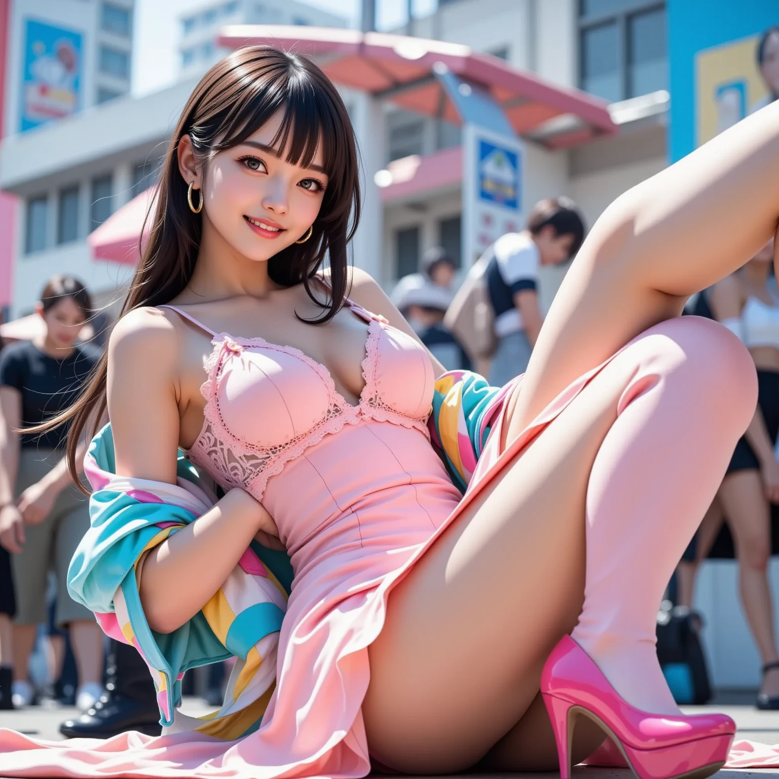 (best image quality), (super detailed),(High definition CG unity 16k wallpaper:1.7), (masterpiece:1.7), (highest quality), (best details), (best illustrations), (best shadow), (realism:1.7), (Japanese Realistic human clear skin:1.5), Lens flare, shade, Backlight, Depth of the bounds written, natural soft light, hard focus, photorealistic perfect body、(incredible huge breasts:1.7)、narrow waist、being dressed、(Luxurious and fashionable long sleeve sensual blouse:1.7),( Comes with a luxurious and gorgeous colorful satin top | Emilio Pucci pattern |:1.6)、(Gorgeous and extravagant low waist dangling micro mini skirt with perfect details | Emilio Pucci pattern |:1.9),(stiletto heels:1.3),(perfect detailed beautiful cleavage:1.5)、(Gorgeous and luxurious silk satin panties:1.5),(a realistic Japanese one incredibly cute kogyaru with kogyaru gang members:1.9)、Super high quality、Ultra-high realistic image quality、(beautiful colorful highlighted hair:1.7)、Japanese、teenage face、(多くのコギャル通行人がいる真夜中の東京のShinjuku歌舞伎町通りの現実的な背景:1.9)、dark eye shadow、thick eyeliner、gal style earrings、gal style necklace、gal style bracelet、(cowboy shot:1.5),( Gorgeous and extravagant, the perfect detail low-waist dangling micro mini skirt flips up in the wind. :1.5),(incredibly slender body ,incredibly thin waist:1.7) ,(thin thighs,abs:1.7),(beautiful navel :1.7),( Panty shot ,Satin and lace fabric panty shot focus:1.7),(windy skirt:1.7),((Panty shot,Skirt up,skirt lift:1.9)) ,((from below:1.8)),(realistic human skin,perfect anatomy, correct anatomy, perfect proportions, perfect face, perfect hands, perfect fingers:1.5),( | EMILIO PUCCI STYLE AND PATTERN |:1.7),(Squat down and spread your legs wide、lean forward and show your panties:1.7)、(A young people who hang out in the back alleys around the Shinjuku Toho Building in Kabukicho ,Shinjuku.,Drinking is rampant among young people there. ,Illegal drugs,Sexual offences,and violence:1.9)