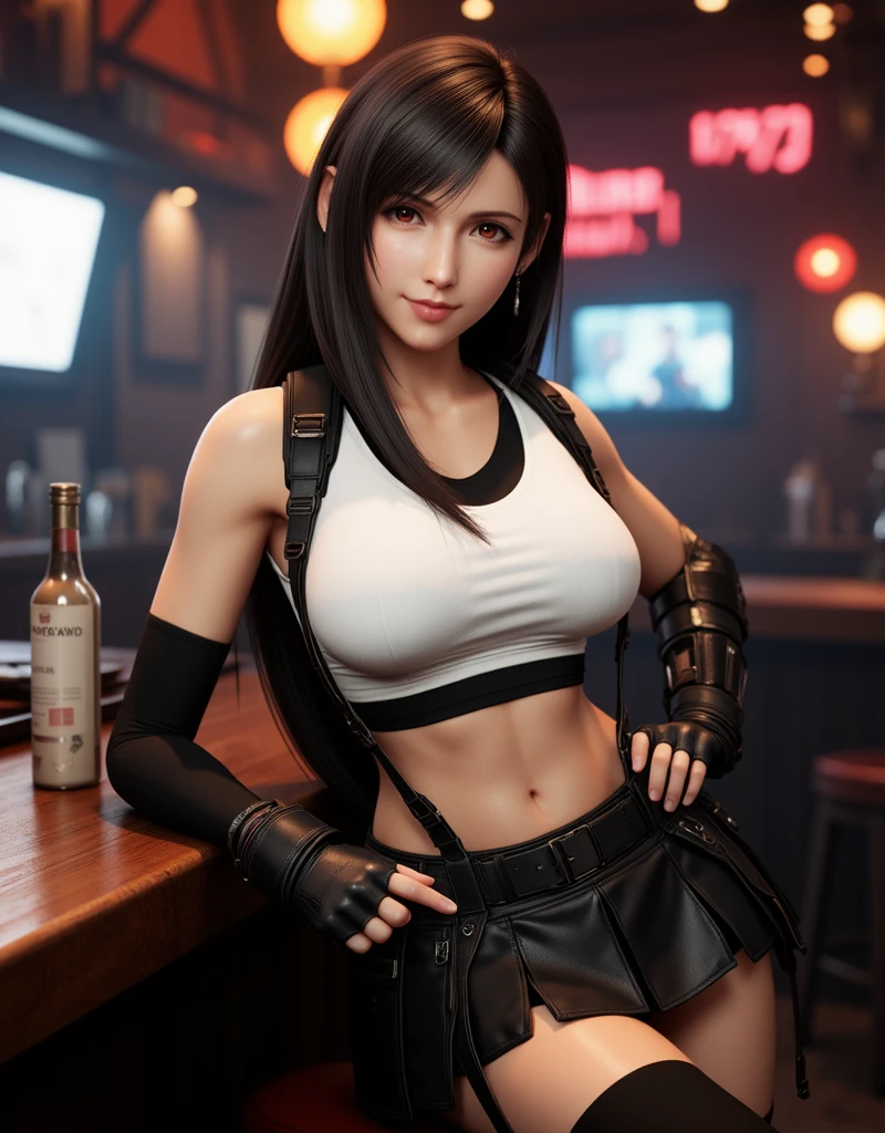 (8K, Best Quality, Masterpiece: 1.2), (Realistic, Photorealistic: 1.37), Super Detail, One Girl, Cute, Solo, (Tifa Lockhart: 1.3), (16yo), (Beautiful Eyes), (Smile: 1.2), Depth of Field, Dark Strong Shadows, Sharp Focus, Depth of Field, Composition, Final Fantasy VII, Date, (Nose Brush) BDSM, Single Elbow Pads, Ankle Boots, Black Hair, (Short Black Skirt), BDSM: 1.3, Red Boots, Elbow Gloves, Fingerless Gloves, Taut Shirt, Sports Bra, (Suspender Leather Black Skirt), Tsi-Hi, (White Tank Top: 1.3)), Full Body, Headrest, Lips, Beautiful Face, Low Tie Long Hair, Complex, Cinematic Lighting, Photon Mapping, Jukebox, Old Bar, Physically Based Rendering, (Tetsuya Nomura style),(huge breast, big tits, slender waist),((red String Lace Panties)),(Small face),(Nasty body: 1.5),Standing posture, (Big breasts protruding in front: 1.5)Flirting, (Smile: 1.2), (slouching position), (buttocks sticking out: 1.3), (from behind: 1.5), (self skirt lift), taking off,