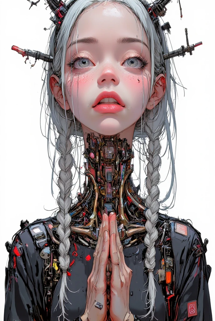 tutututu, nun,cross necklace, latex bodysuit, shiny clothes,
(masterpiece, top quality, best quality, official art, beautiful and aesthetic:1.3), (1girl:1.3), extreme detailed,colorful,highest detailed,((ultra-detailed)), (highly detailed), ((an extremely delicate and beautiful)),cinematic light,((1mechanical girl)),solo, upper body,(steampunk),(machine made joints:1.2),(mechanical limbs),(blood vessels connected to tubes),((mechanical cervial attaching to neck)),(sitting),expressionless,wires and cables attaching to neck,wires and cables on head,,science fiction,mechanical city, active pose,
<lora:tutu:0.8>