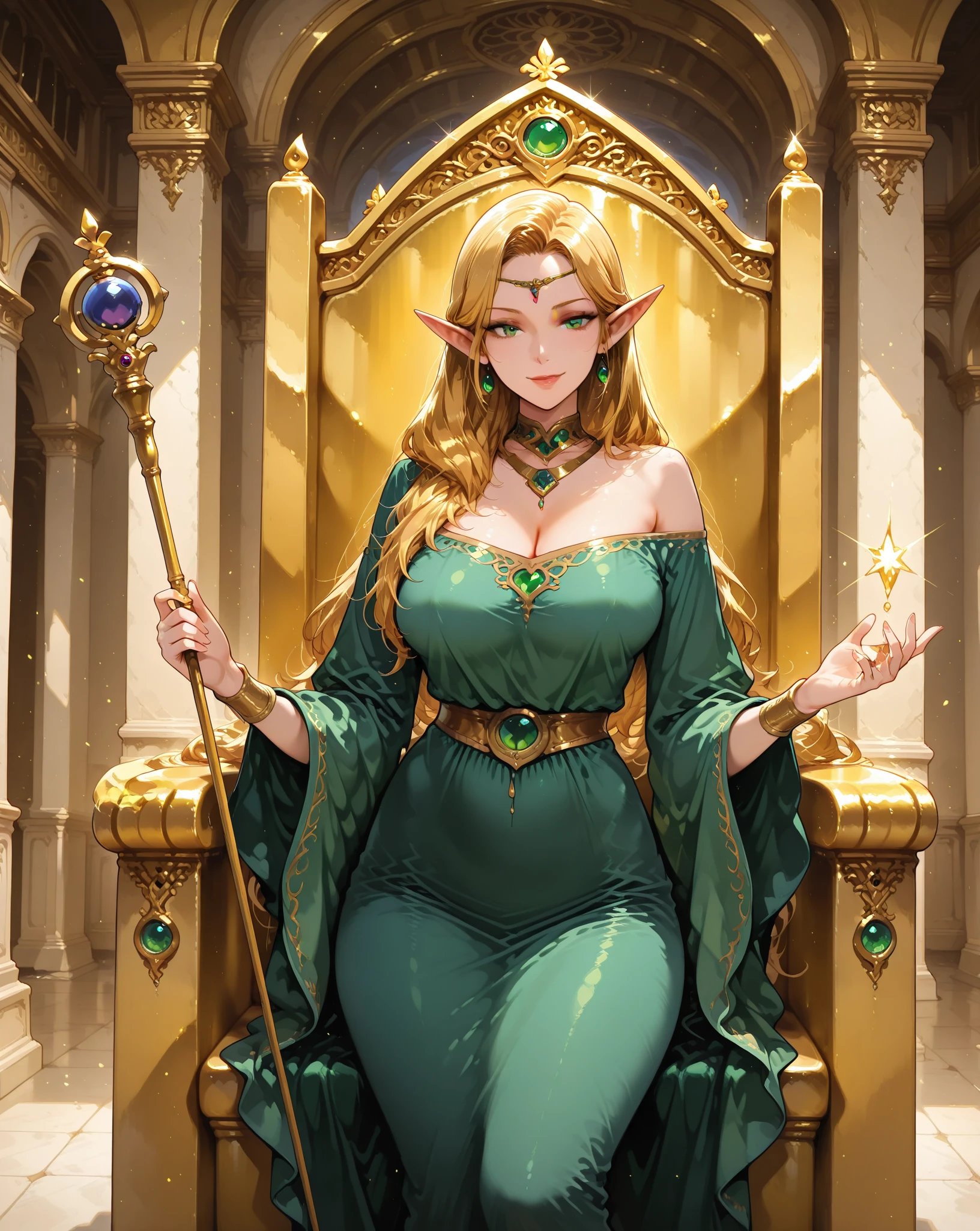 (actual, high resolution:1.2), Super detailed, glinda (From the Wizard of Oz), Feathers on the buttocks, Holding the lever arm, Off-the-shoulder dress, crown, Detachable sleeves, collar, Armored boots, feather updo, facing forward, looking at the audience
