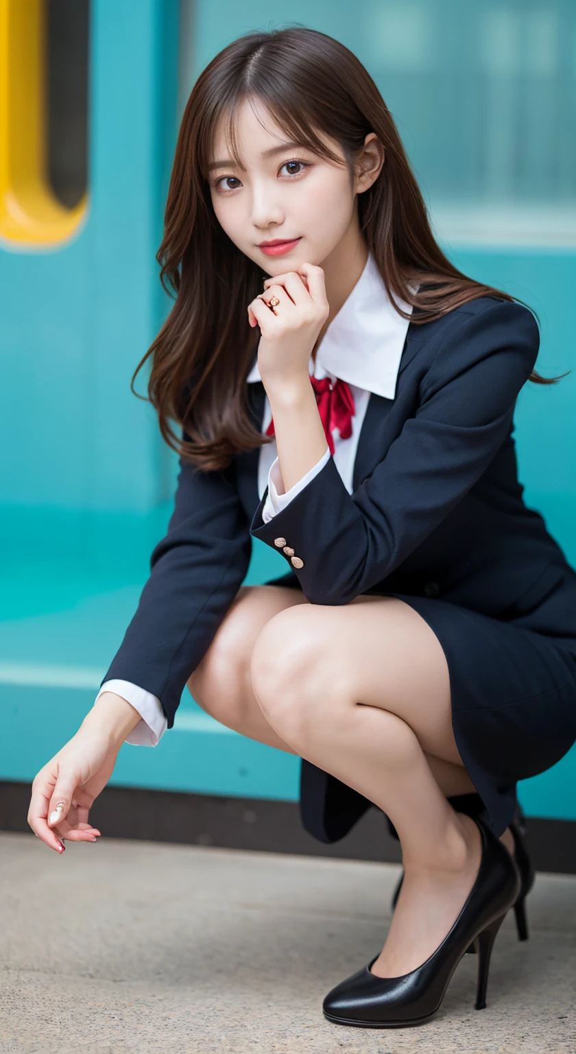 (8k, RAW photo, best quality, masterpiece: 1.2, realistic, photorealistic, high contrast, photon mapping, photonography, photorealistic, ultra-detailed, professional lighting, low angle: 1.2), close-up, (1 girl), highly detailed beautiful face and eyes, slight smile, (solo: 1.5), (height is 190 cm), (18-year-old schoolgirl), (Shinjuku at night of Japan), (sidewalk), (Japan high school uniform), (dark blue blazer: 1.2) , (Short plaid skirt: 1.2), (White shirt for students), (Tie: 1.2), (Squatting looking at the front), (Crotch open: 1.3), (Light brown medium hair), (Black loafers: 1.2), (Beauty face: 1.2), (Perfect proportions: 1.2), (Long leg: 1.2), (huge breasts: 1.3), (Panties visible from under skirt: 1.5), (white panties), (Textured skin), thigh-highs