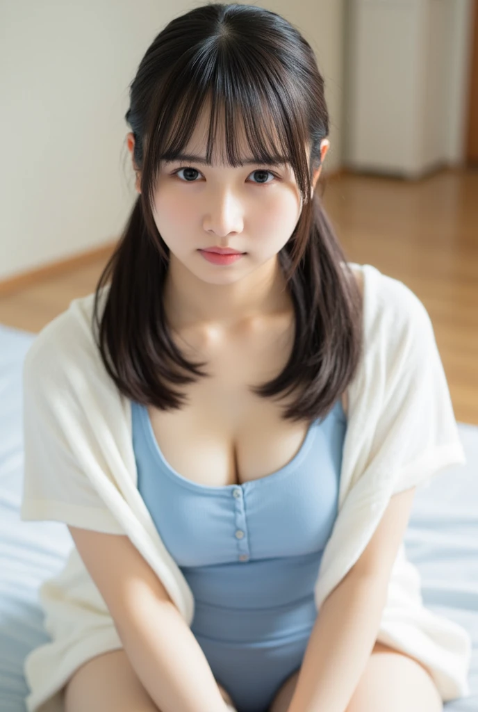 A Japanese junior high school girl wearing a white low-cut tight knit,14 years old,Japanese Girls,Big breasts:1.5,Black Hair,ponytail,Soft lips,Fine skin,(Glowing Skin),(masterpiece:1.4),(highest quality:1.4),Bedroom,Looking at the camera,Close-up,sakimichan, Yoshitomo Nara,