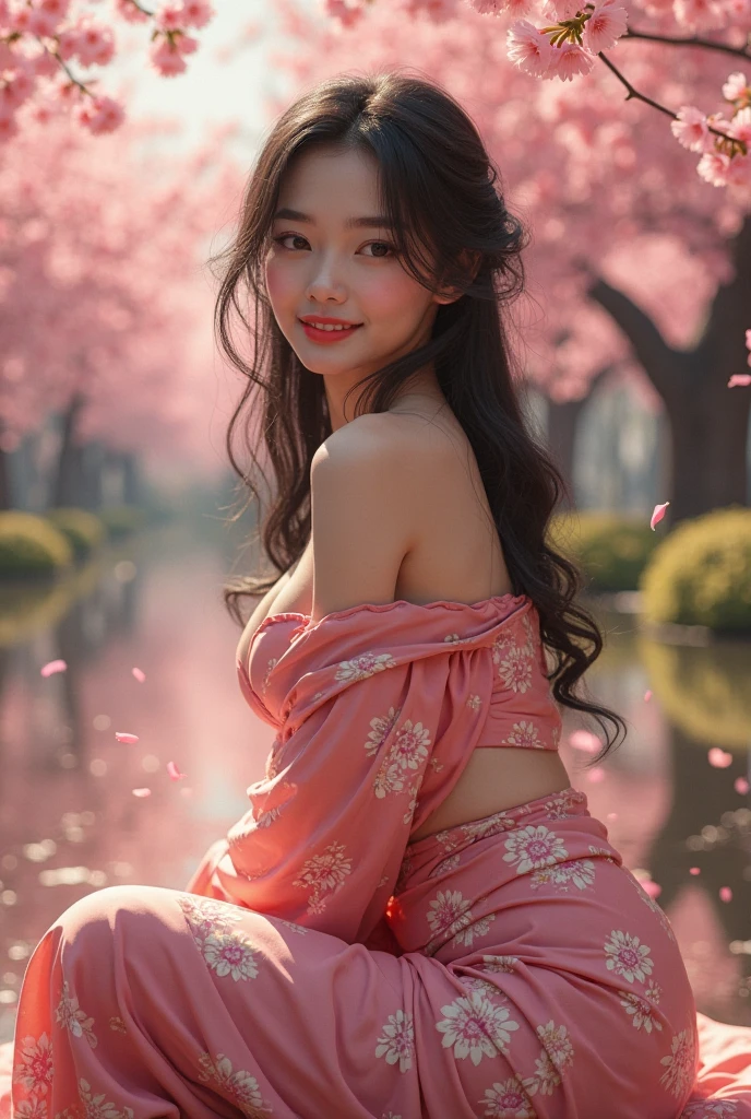 masterpiece, The best quality, Ultra-high resolution, High detail photo, Unity 8K Wallpaper, Extremely detailed CG:1.2), depth of field, bokeh, (RAW photo:1.realistic photography:1.4), (1girl:1.5), young, physically based representation, beautiful, (Finely detailed face:1.4, detailed clothing), (detailed:1.4) named (Eimi Fukada:1.1) BREAK Cara hermosa, depth of field, Add layer, hyperrealistic, 2, perfect body model, perfect breasts, 175cm tall, pose sexy, full body, Whole body, Model Body Type, BREAK (kimono:1.2), (Long hair:1.2), double eyelid, BREAK (sitting on the ground: 1.5), (Pink bougainvillea mess in background:1.4), (night time:1.2), 