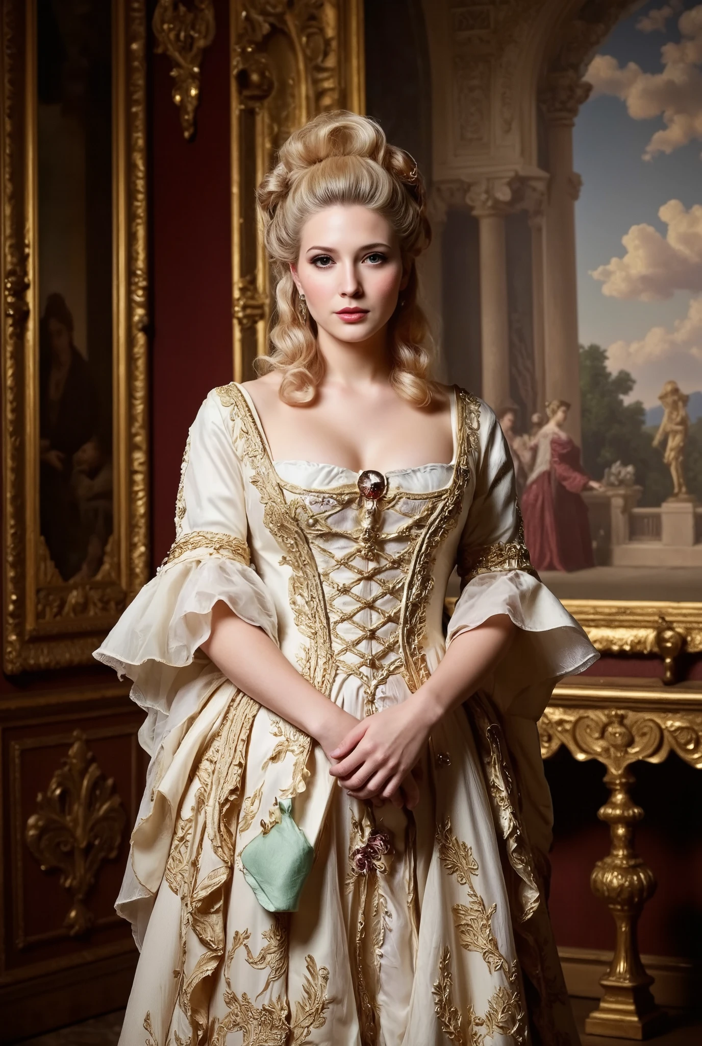 Create a realistic photograph of a very beautiful, young girl with fair skin, portraying a young and lovely queen. She has a blonde Rococo hairstyle and a slender figure, wearing an elegant and ornate gown reminiscent of Rococo paintings. The scene should exude an elegant and refined atmosphere, featuring a full-body shot against the backdrop of the Palace of Versailles. The setting should reflect the delicate and graceful world of Rococo, inspired by Boucher, with soft and exquisite colors.